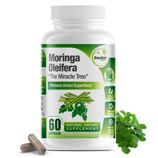 Front view of Pure Moringa Oleifera Green Superfood Capsules bottle with label