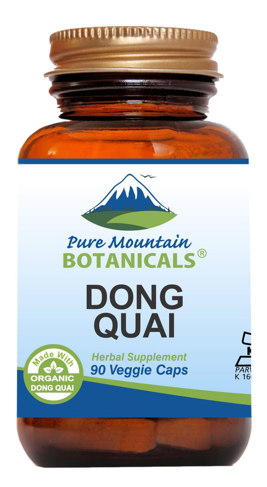 Bottle of Pure Mountain Botanicals Dong Quai Capsules with 500mg Organic Dong Quai Root