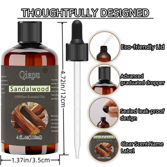 Close-up of sandalwood essential oil in a glass dropper bottle