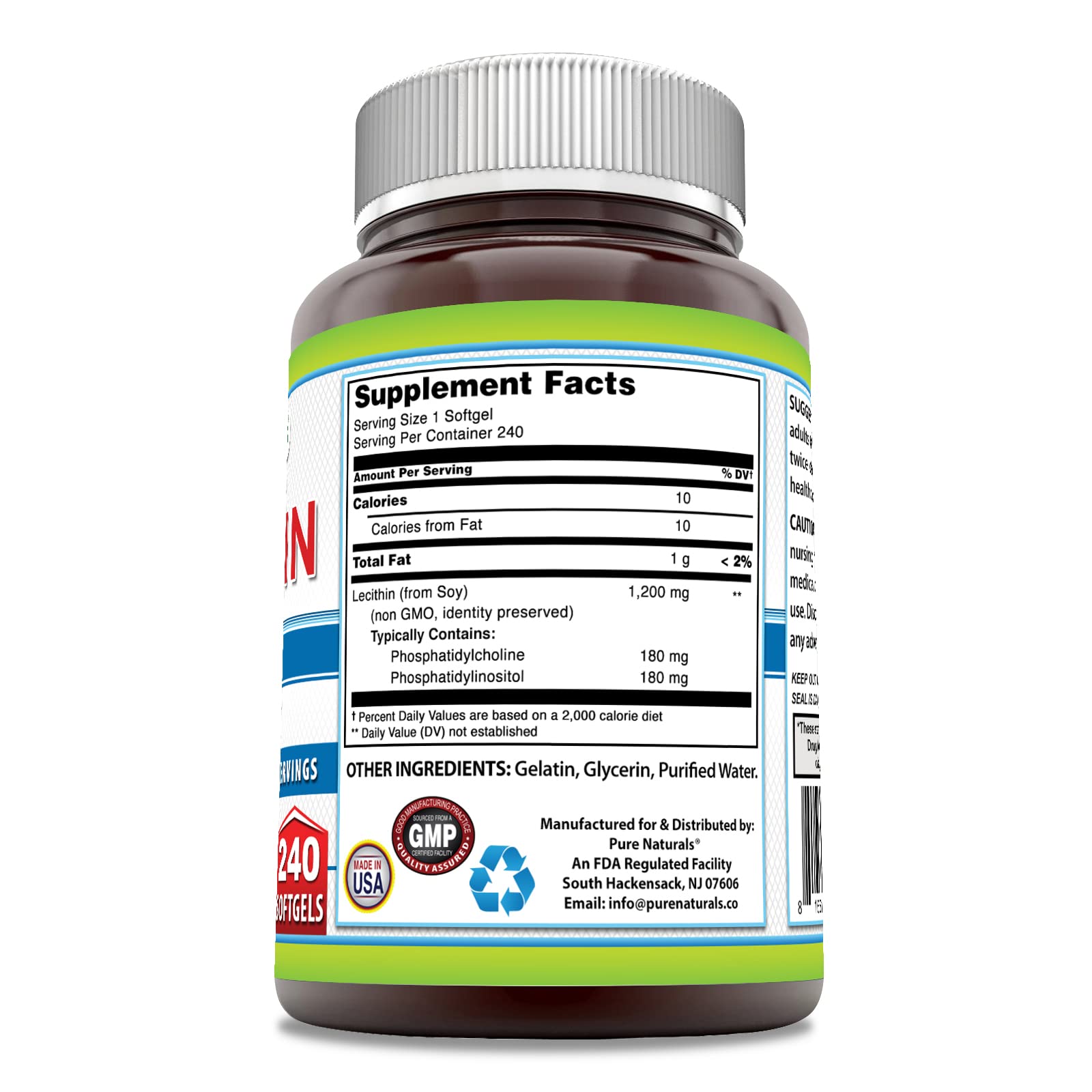 Supplement facts panel for Pure Naturals Lecithin 1200 mg Softgels