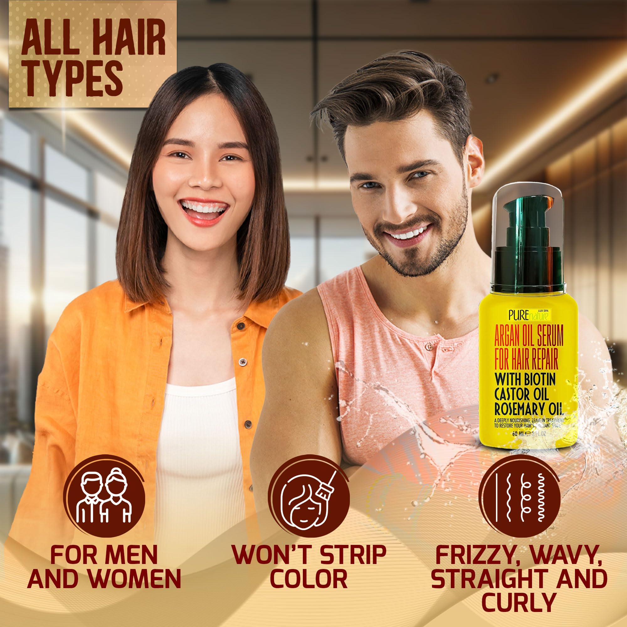 Bottle of Pure Nature Lux Spa serum beside smooth ends of hair