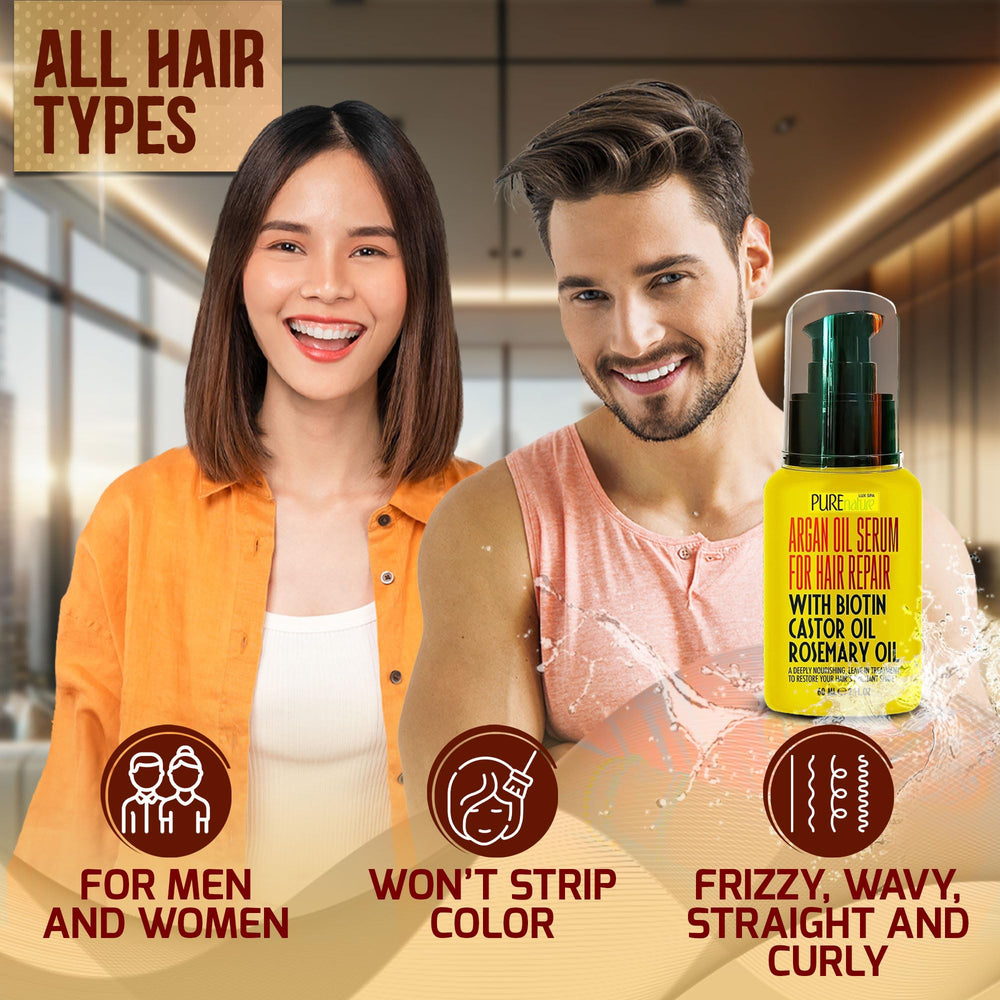 Bottle of Pure Nature Lux Spa serum beside smooth ends of hair