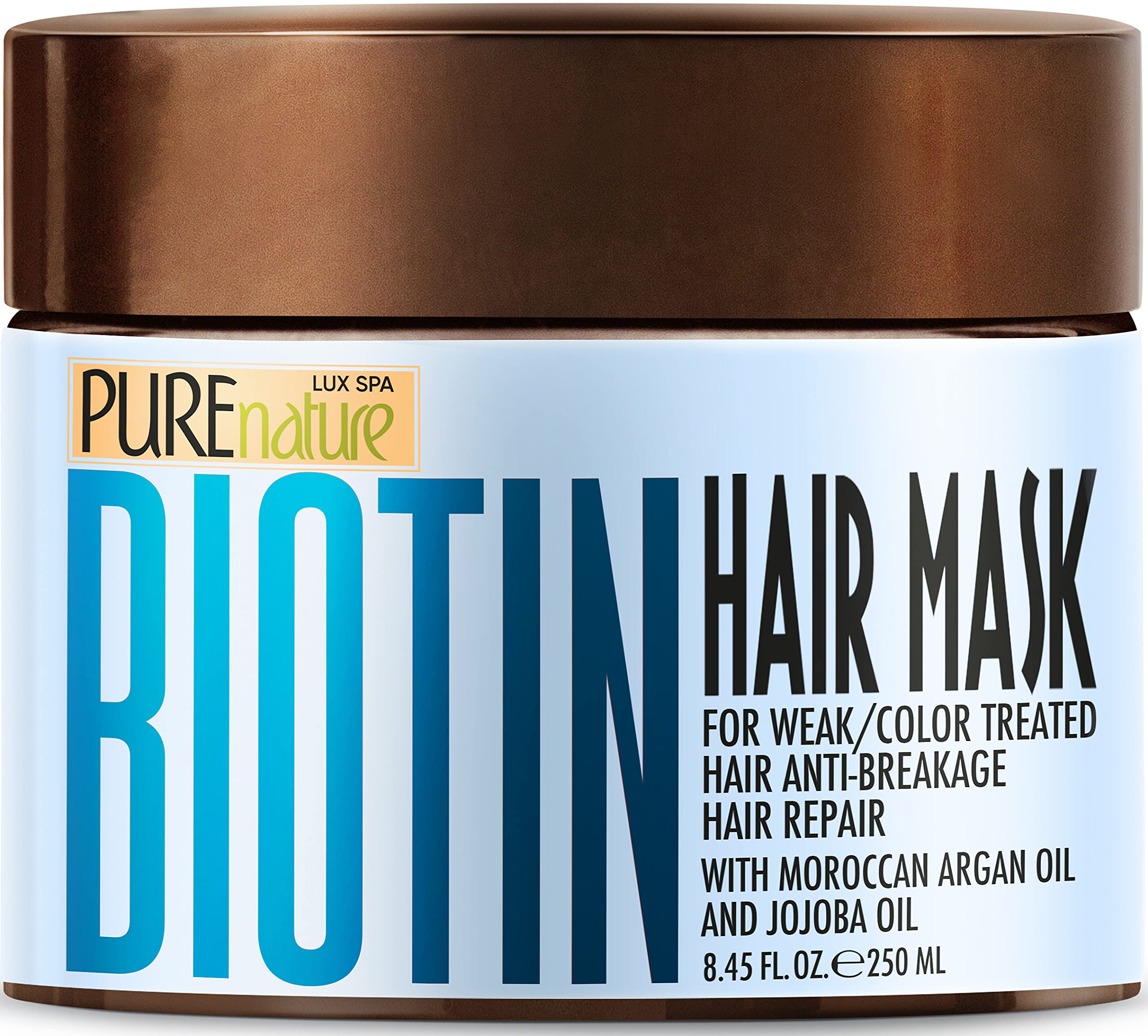 Pure Nature Lux Spa Biotin Hair Mask bottle being poured for hydration and volume