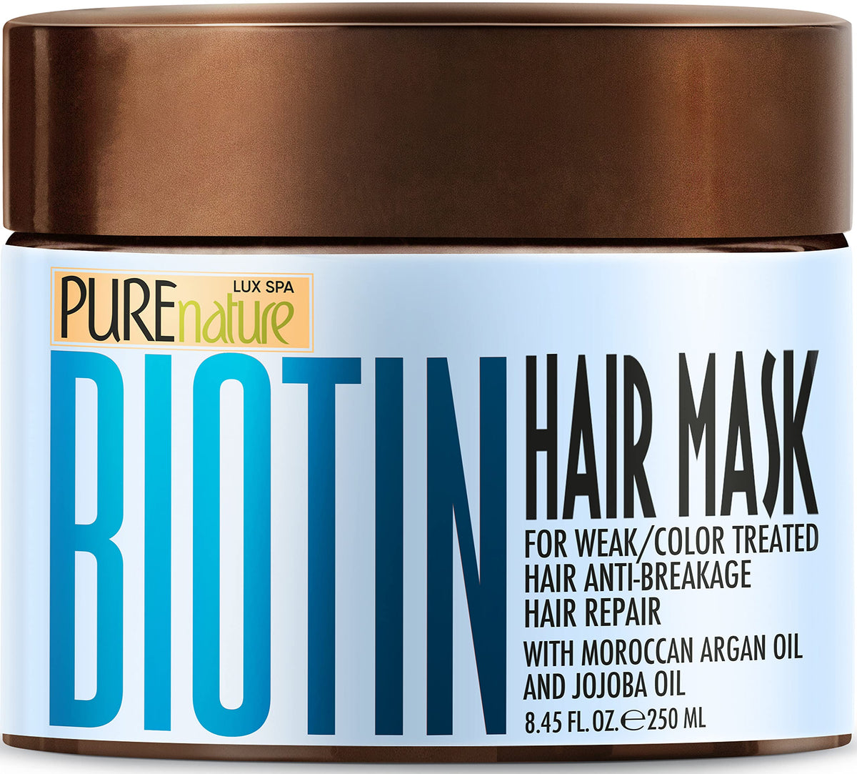 Pure Nature Lux Spa Biotin Hair Mask bottle being poured for hydration and volume
