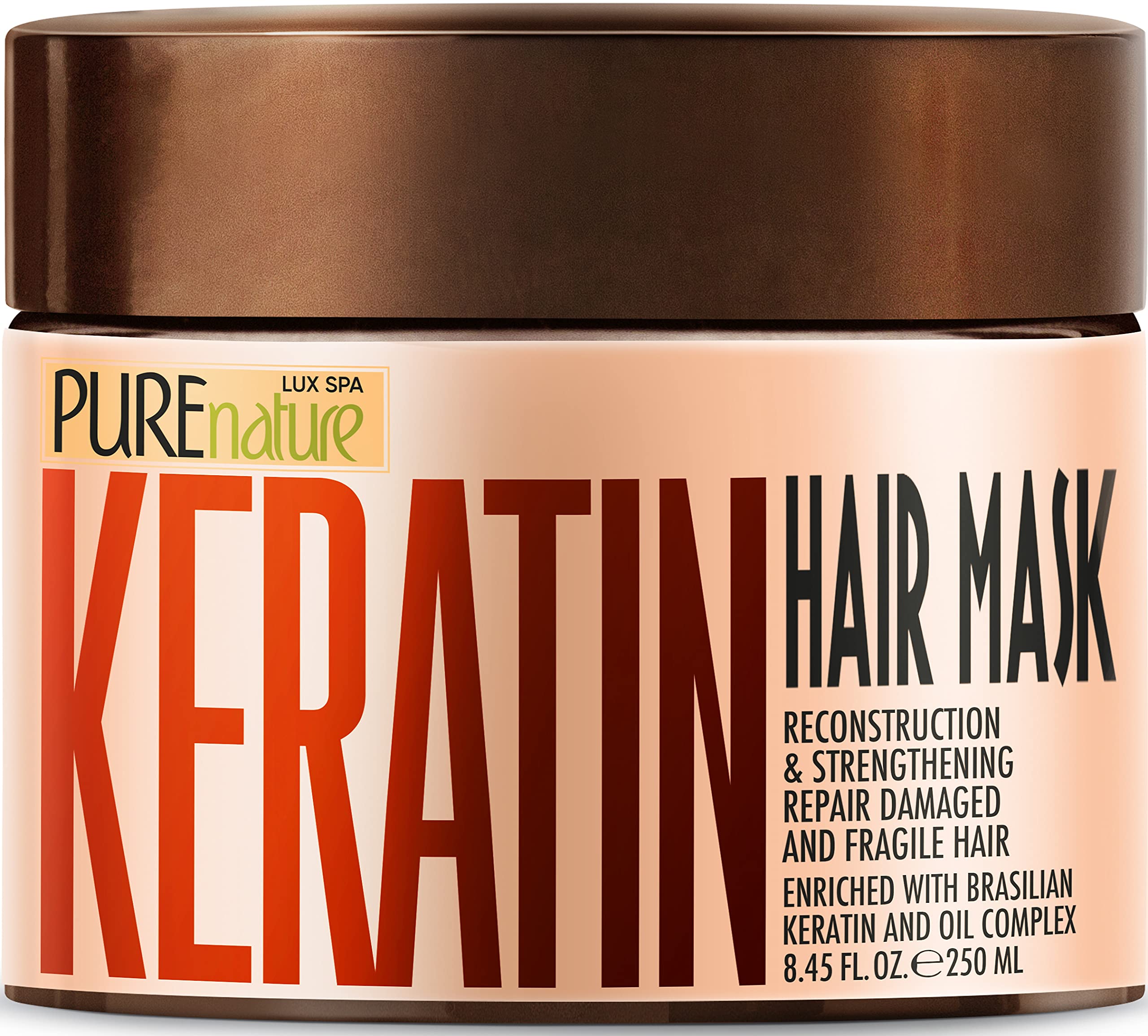 Pure Nature Lux Spa Keratin Hair Mask bottle for at-home deep conditioning and shine.