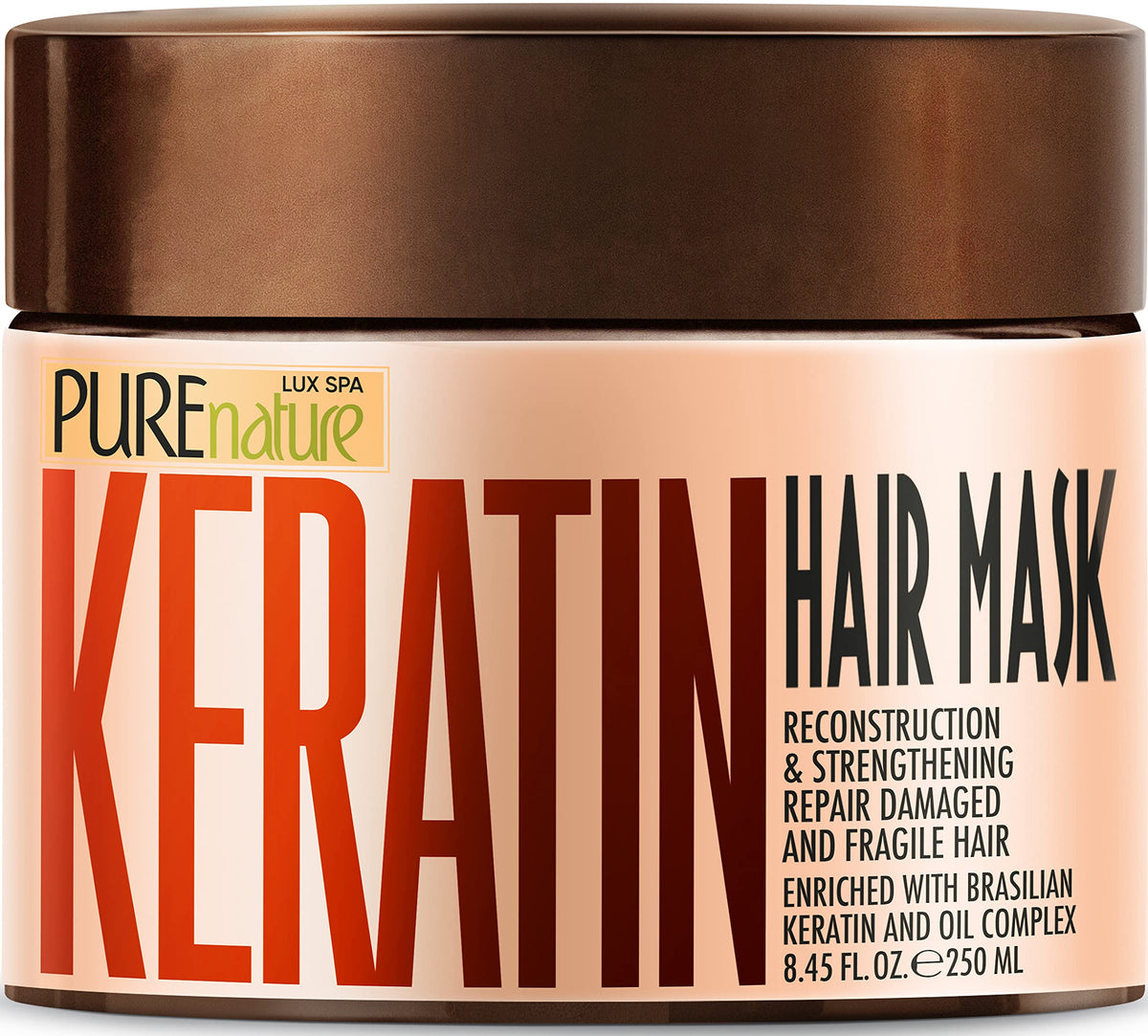 Pure Nature Lux Spa Keratin Hair Mask bottle for at-home deep conditioning and shine.