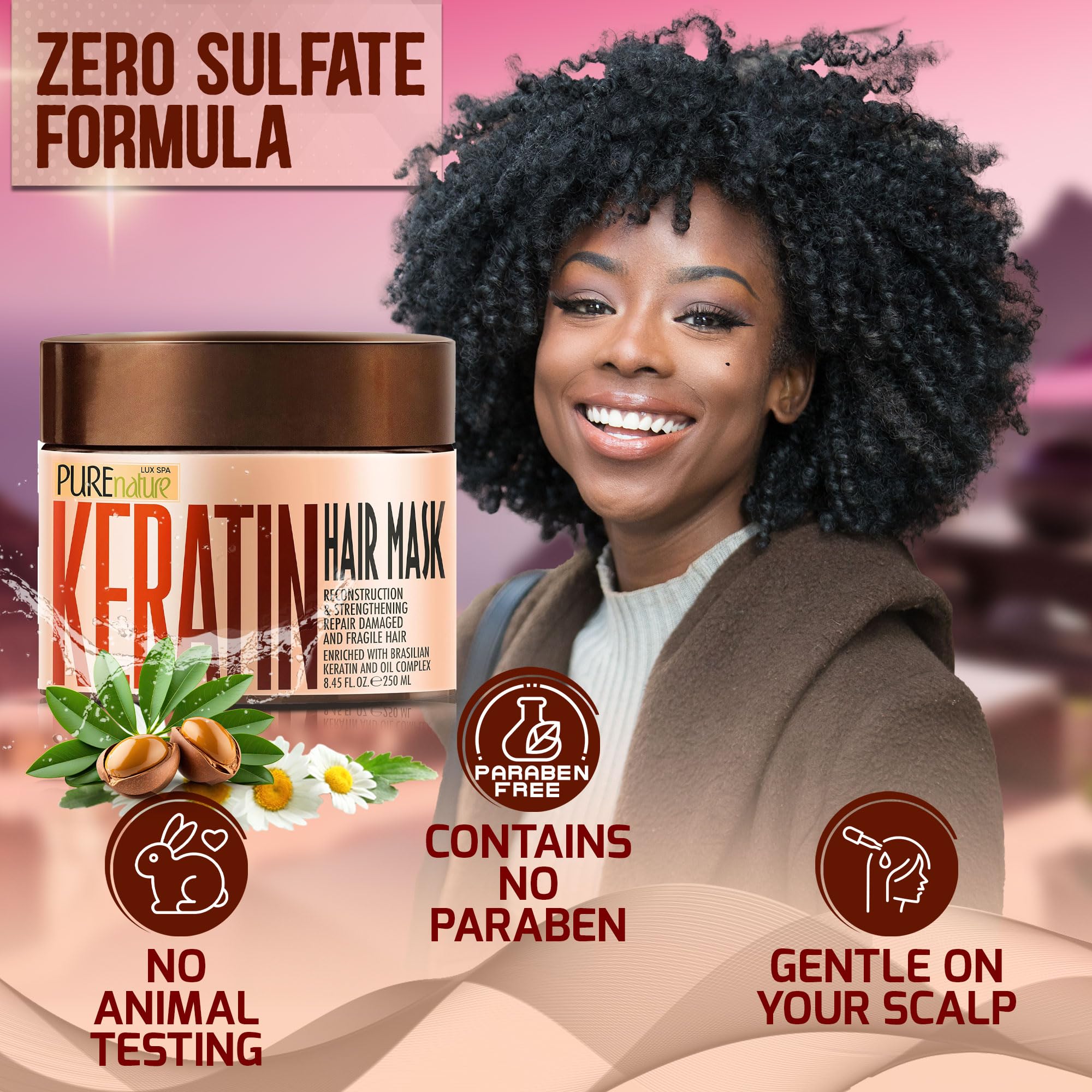 Pure Nature Lux Spa Keratin Hair Mask jar showcases conditioning for curly and straight hair.