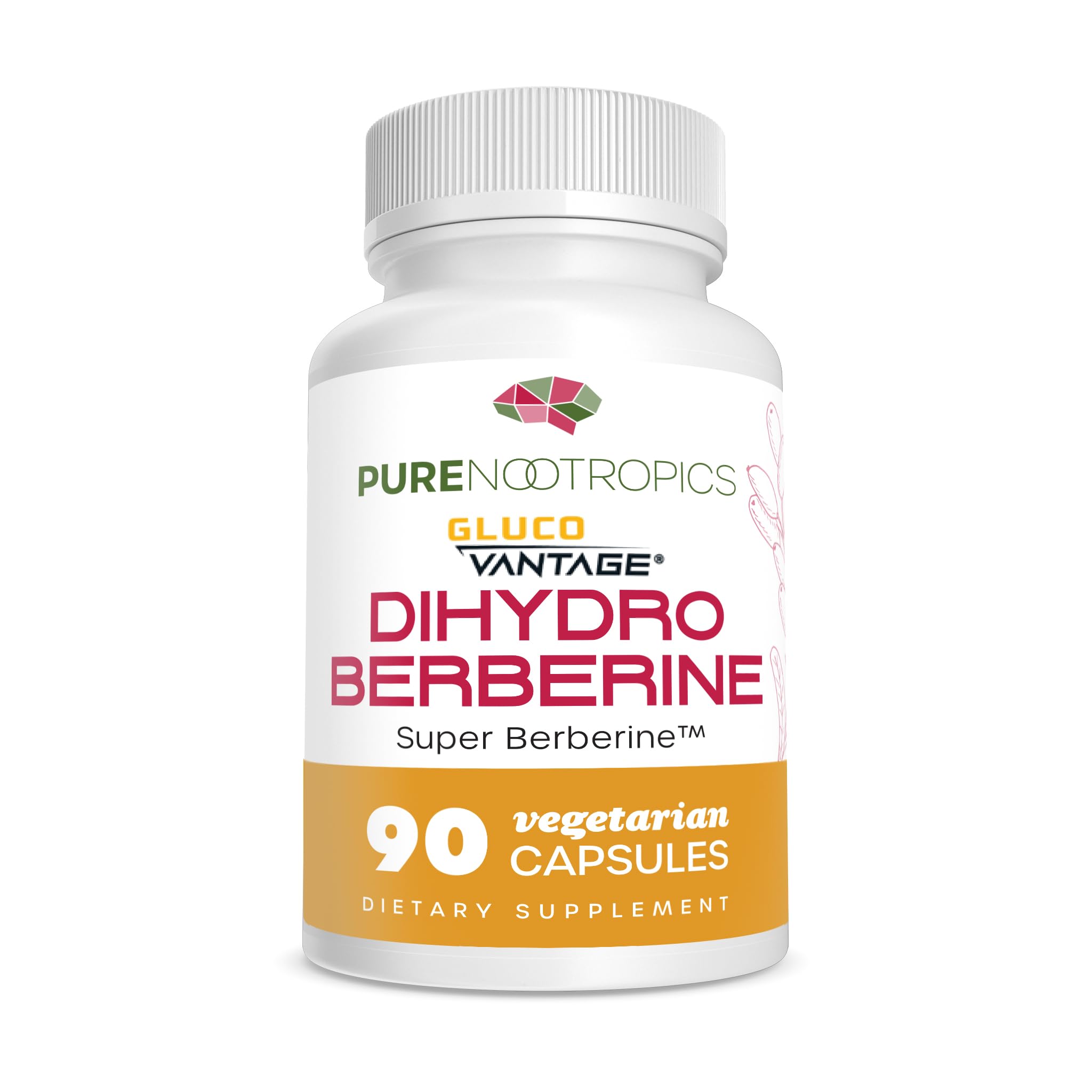 Pure Nootropics Dihydroberberine GlucoVantage bottle label displaying 100 mg