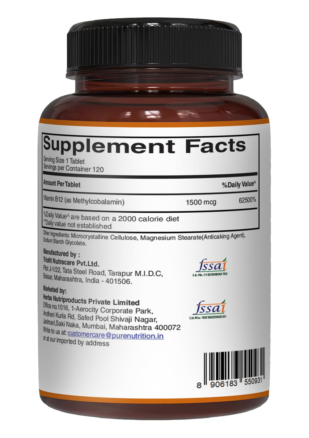 120 vegan tabs bottle of Pure Nutrition Vitamin B12