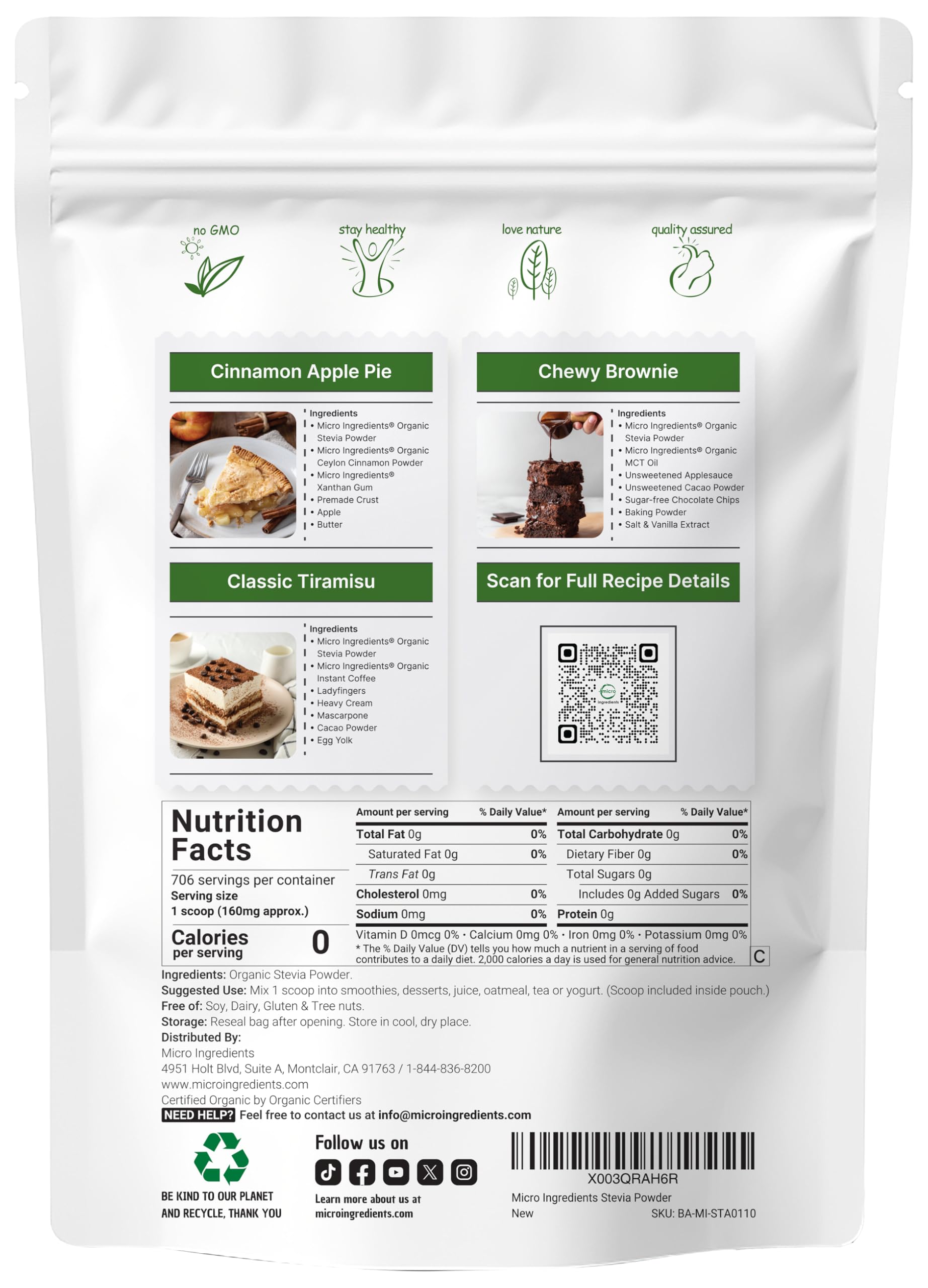 Back view with nutritional info for Reb-A stevia powder