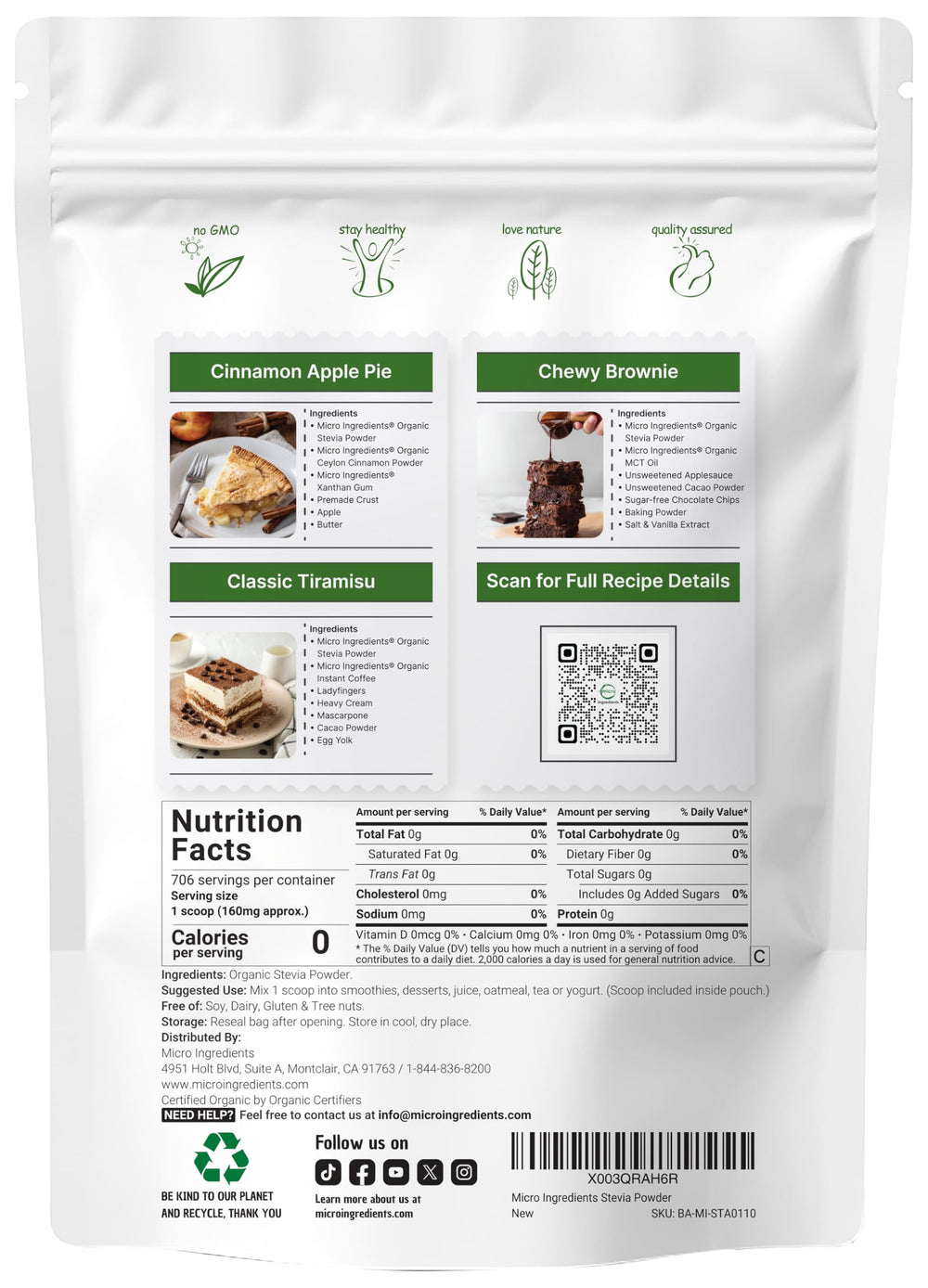 Back view with nutritional info for Reb-A stevia powder