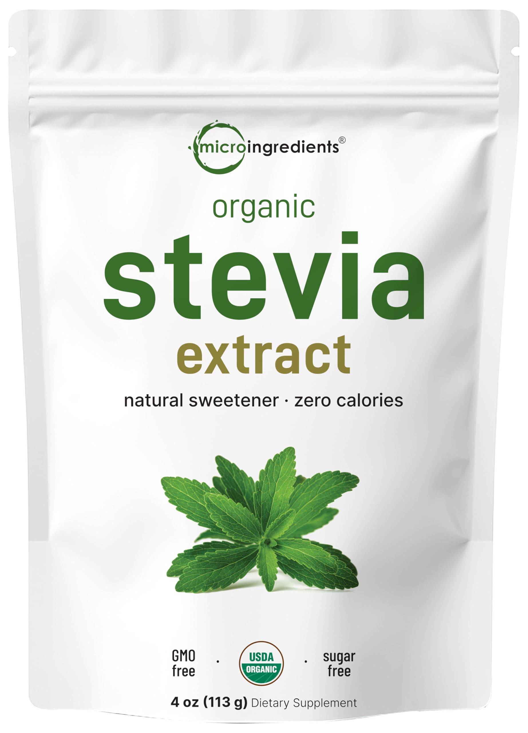 Front view of Pure Organic Stevia Powder 4 oz package
