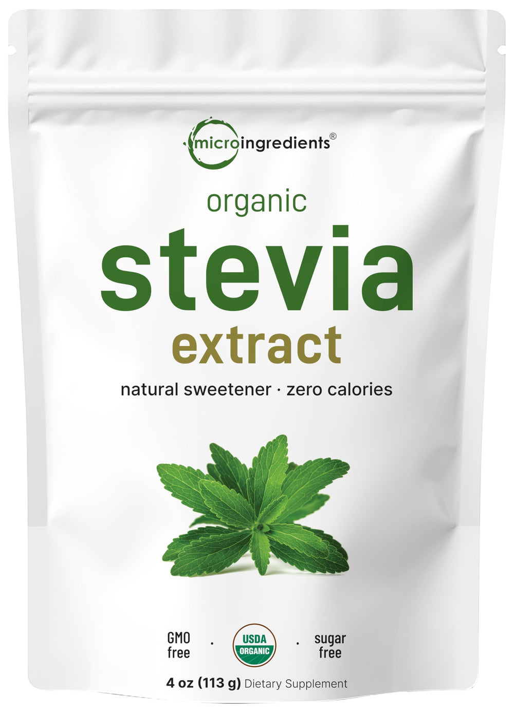Front view of Pure Organic Stevia Powder 4 oz package