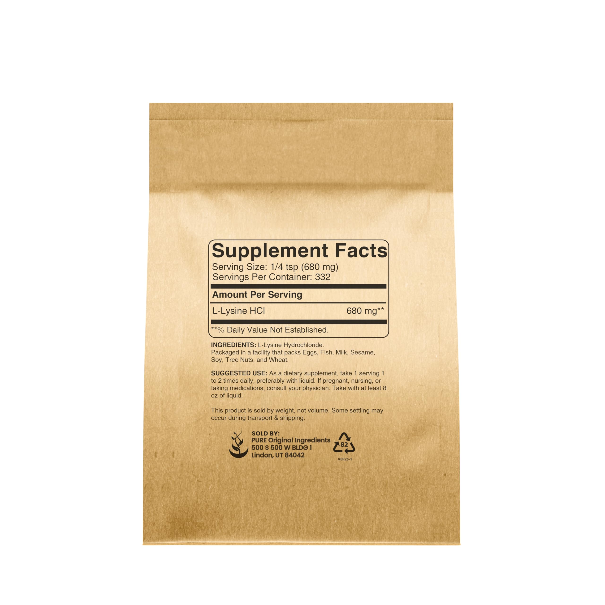 Packaging for Pure Original Ingredients L-Lysine HCl 8 oz