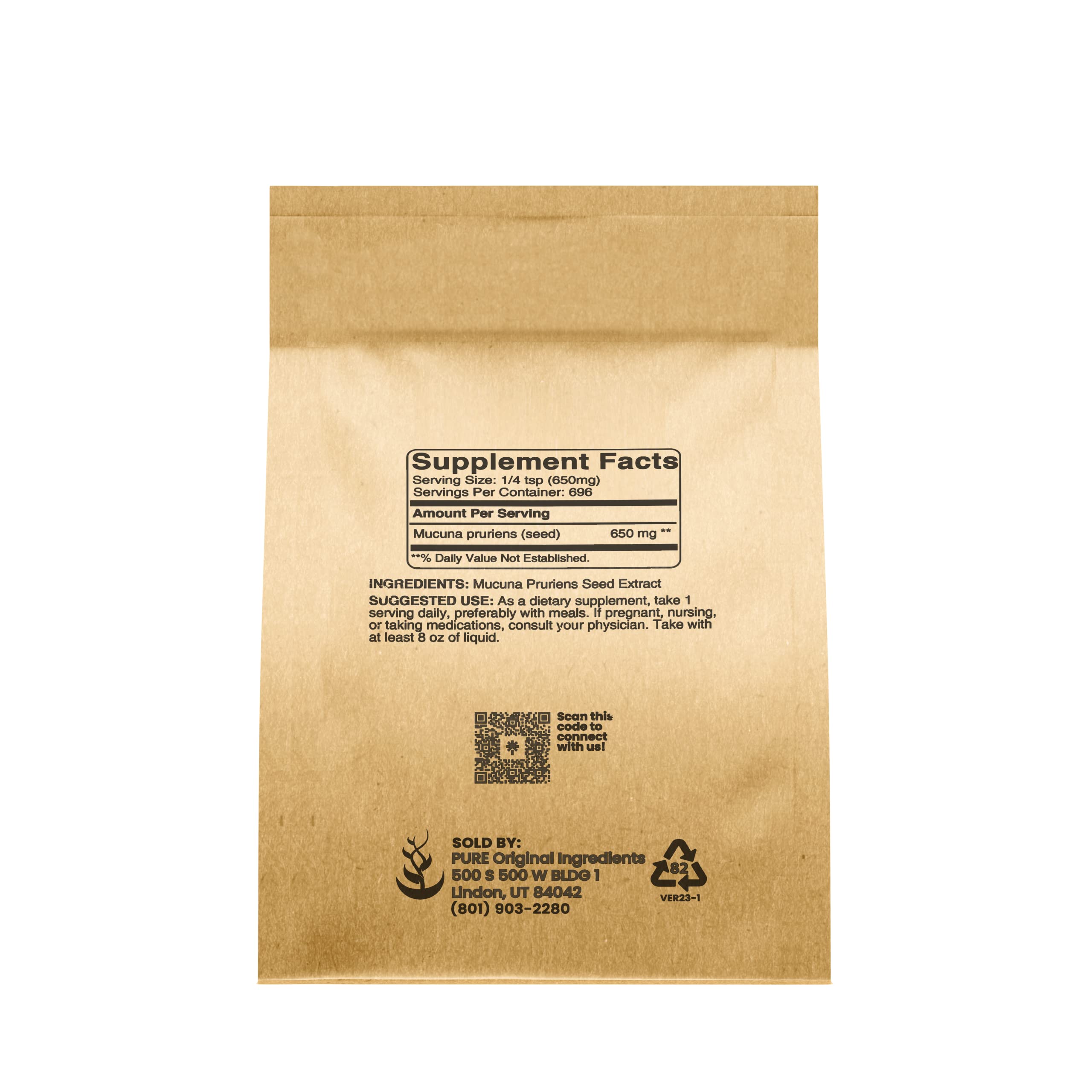 Packaging and label of Pure Original Ingredients Mucuna Pruriens (1lb)