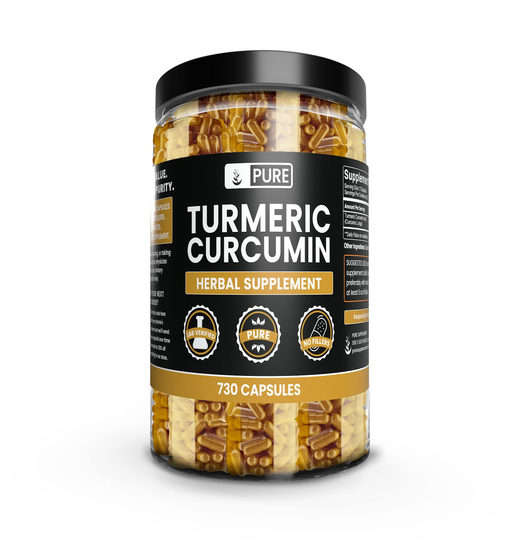 Bottle of Pure Original Ingredients Turmeric Curcumin 730 capsules labeled pure and undiluted