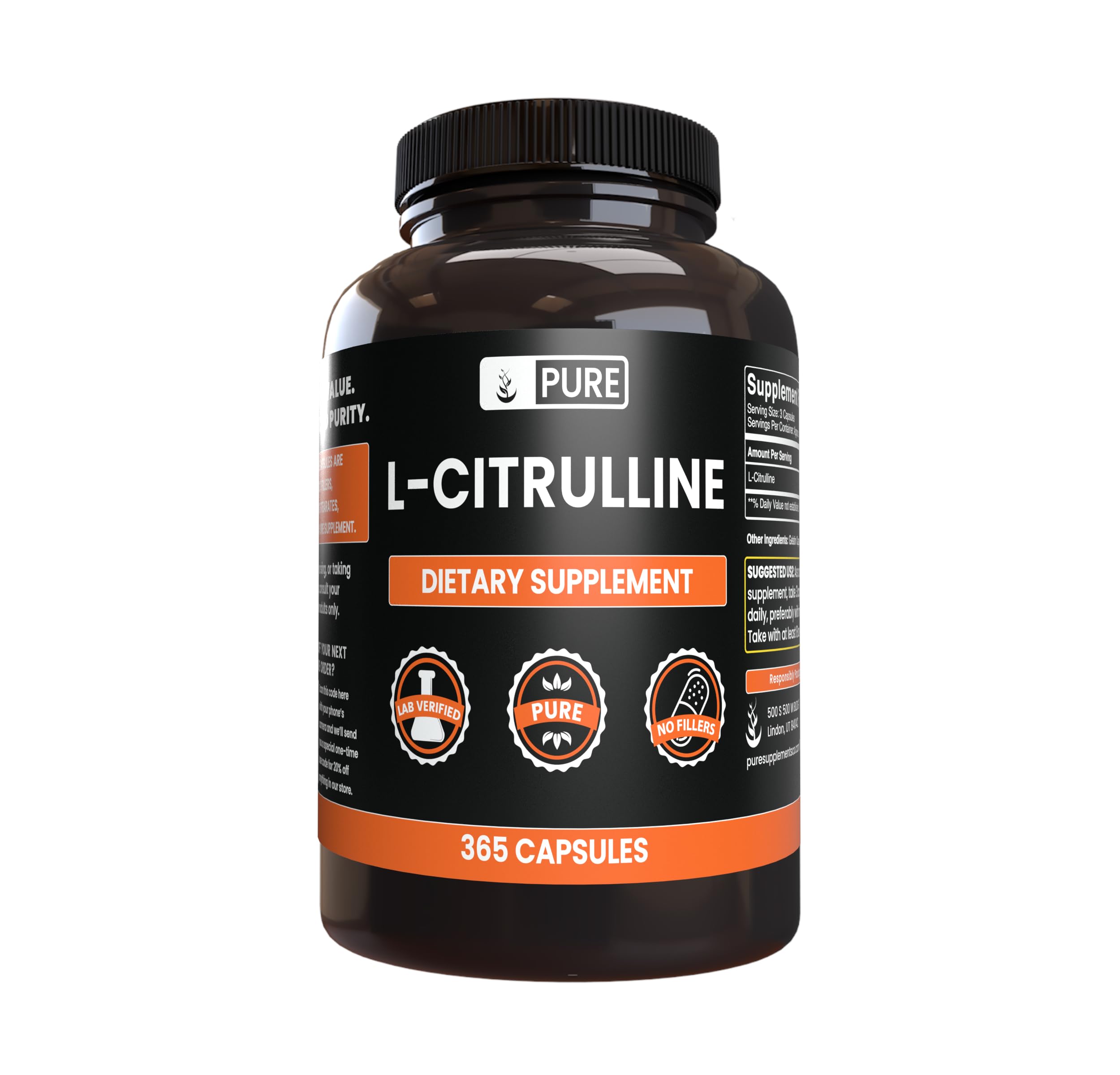 Front view of Pure Original L-Citrulline 365 capsules bottle