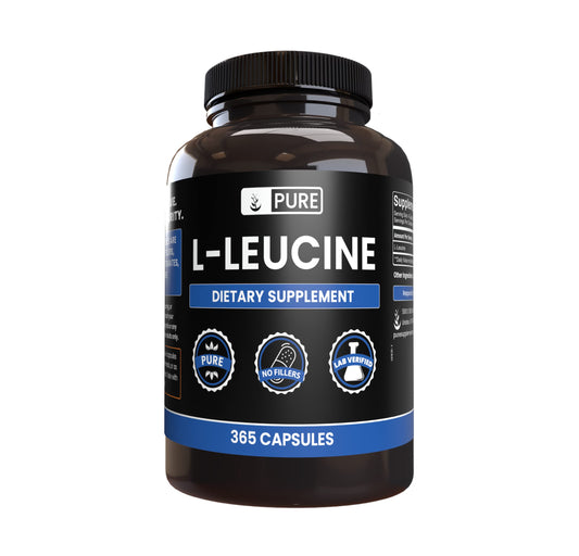 Pure Original L-Leucine capsules bottle label showing single-ingredient purity.