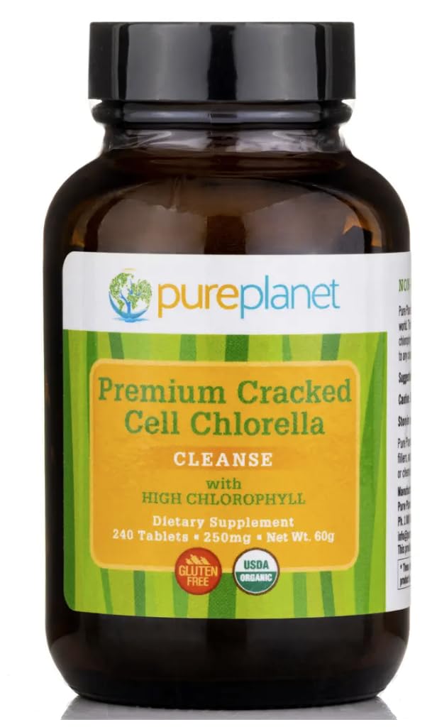 Front view of Pure Planet Cracked Cell Chlorella Organic bottle – 240 tablets, 250mg each