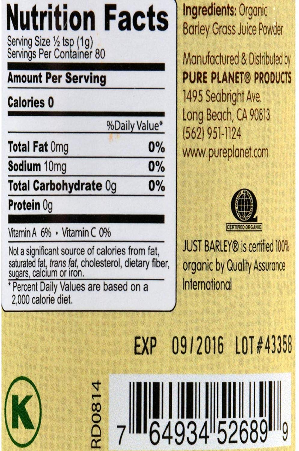 Powder form of PURE PLANET Organic Just Barley 80 g