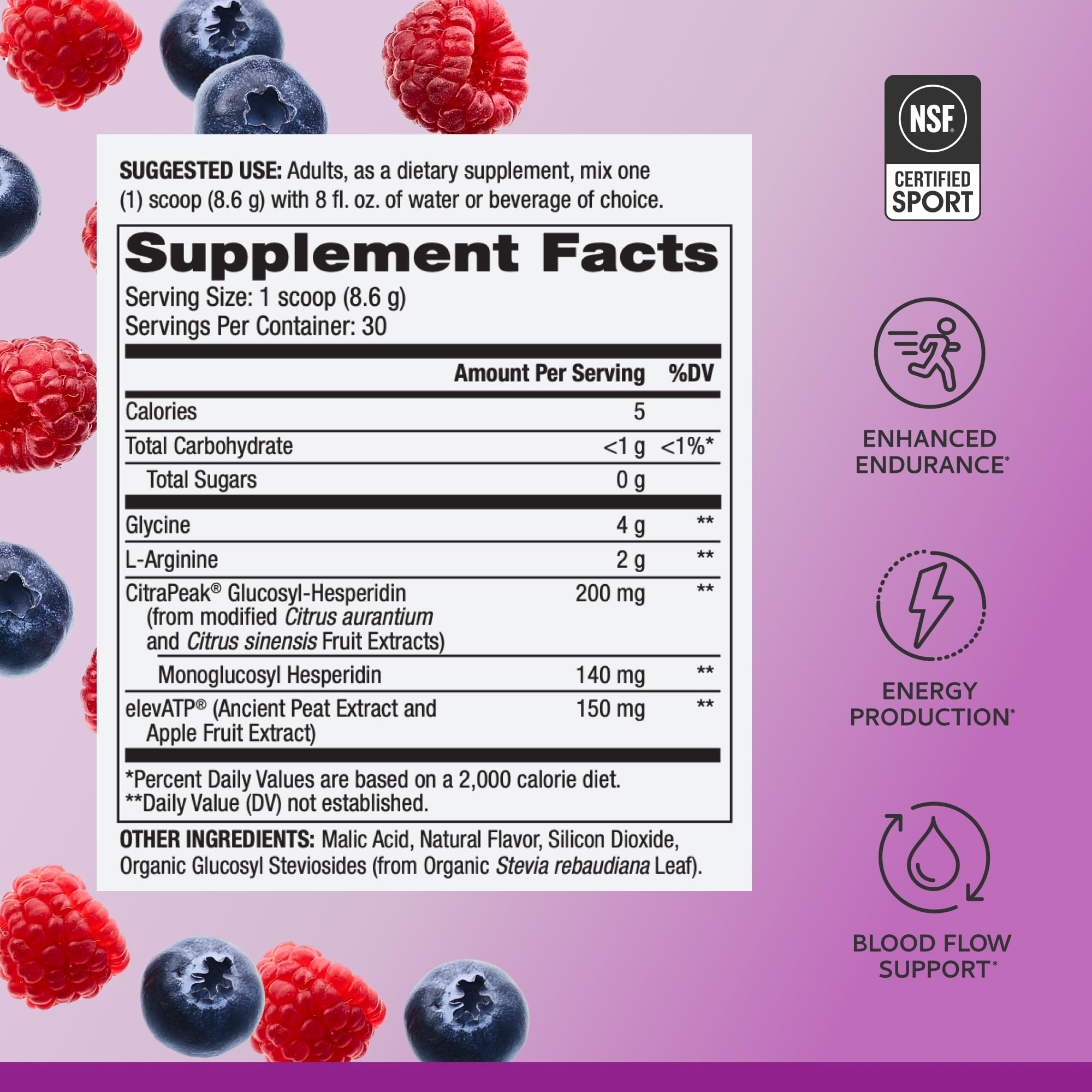 Nutrition facts panel for Pure Power Endurance Berry Blast
