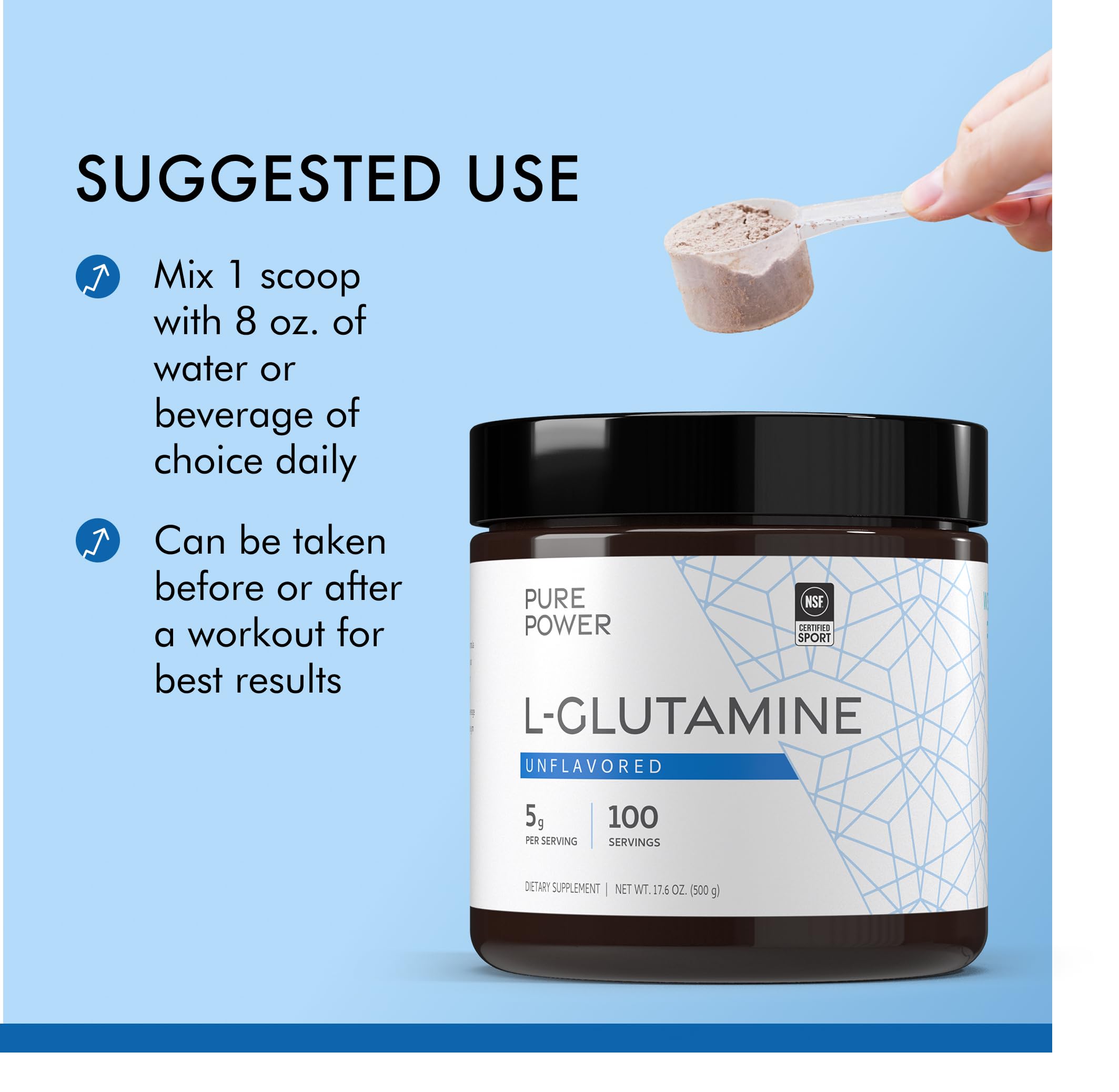 Nutrition and ingredients table for Pure Power L-Glutamine