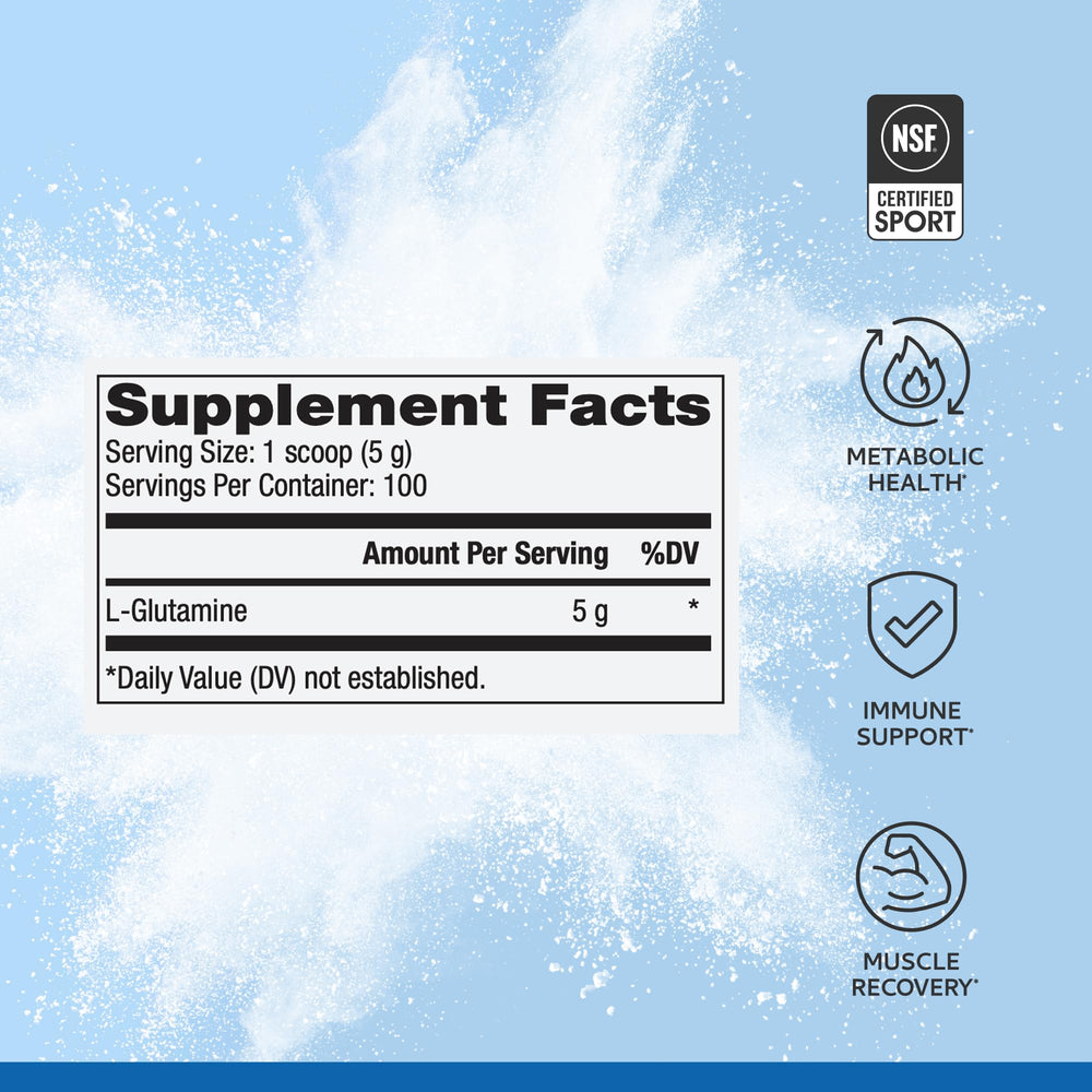 Scooped serving of L-Glutamine powder with a glass of water
