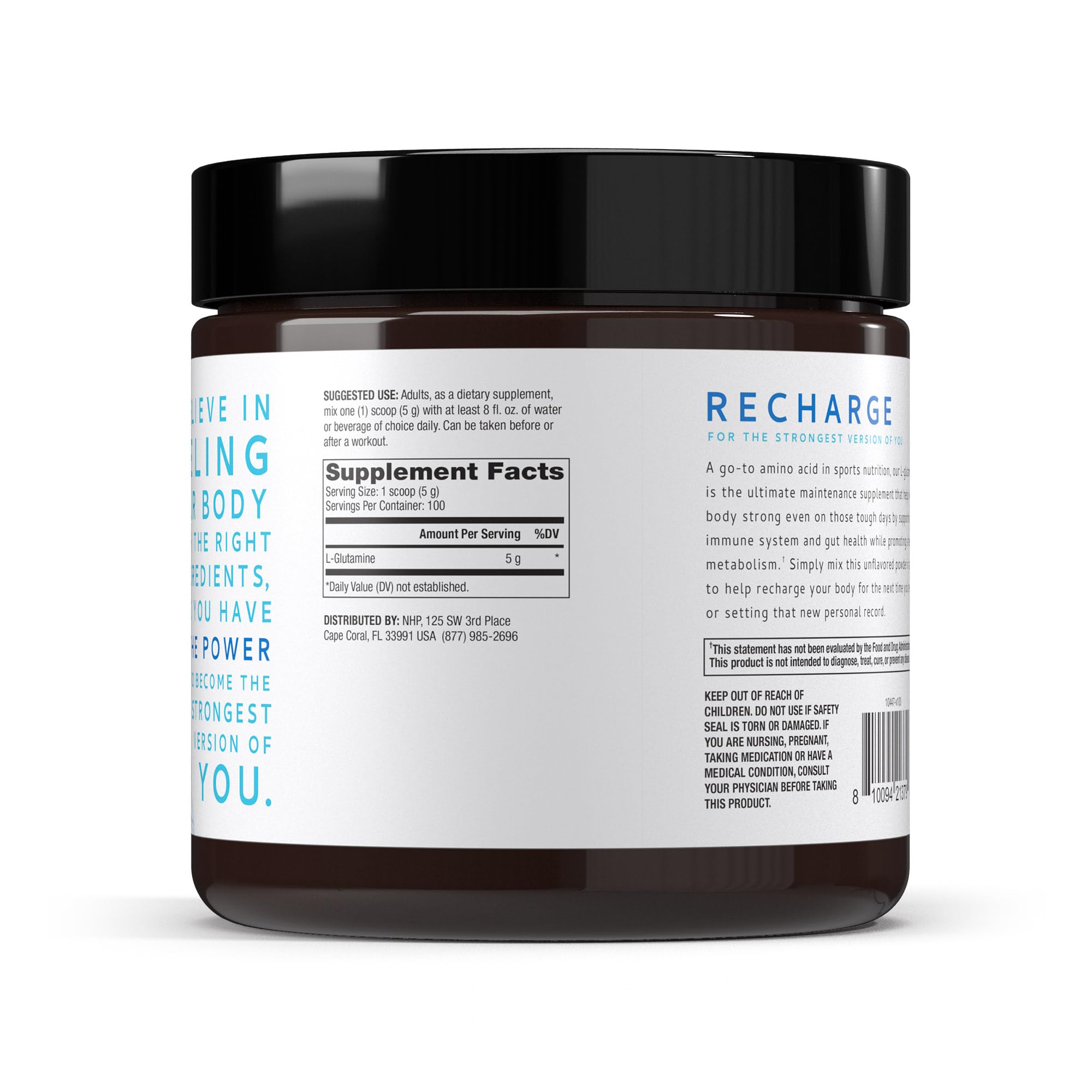 Label highlighting Non-GMO and NSF Certified for Sport on Pure Power L-Glutamine