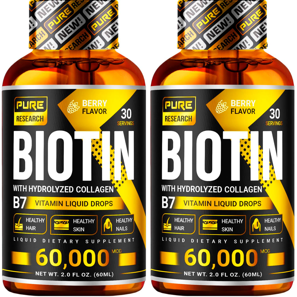 Pure Research Biotin & Collagen Drops bottle highlighting high potency for hair and nails