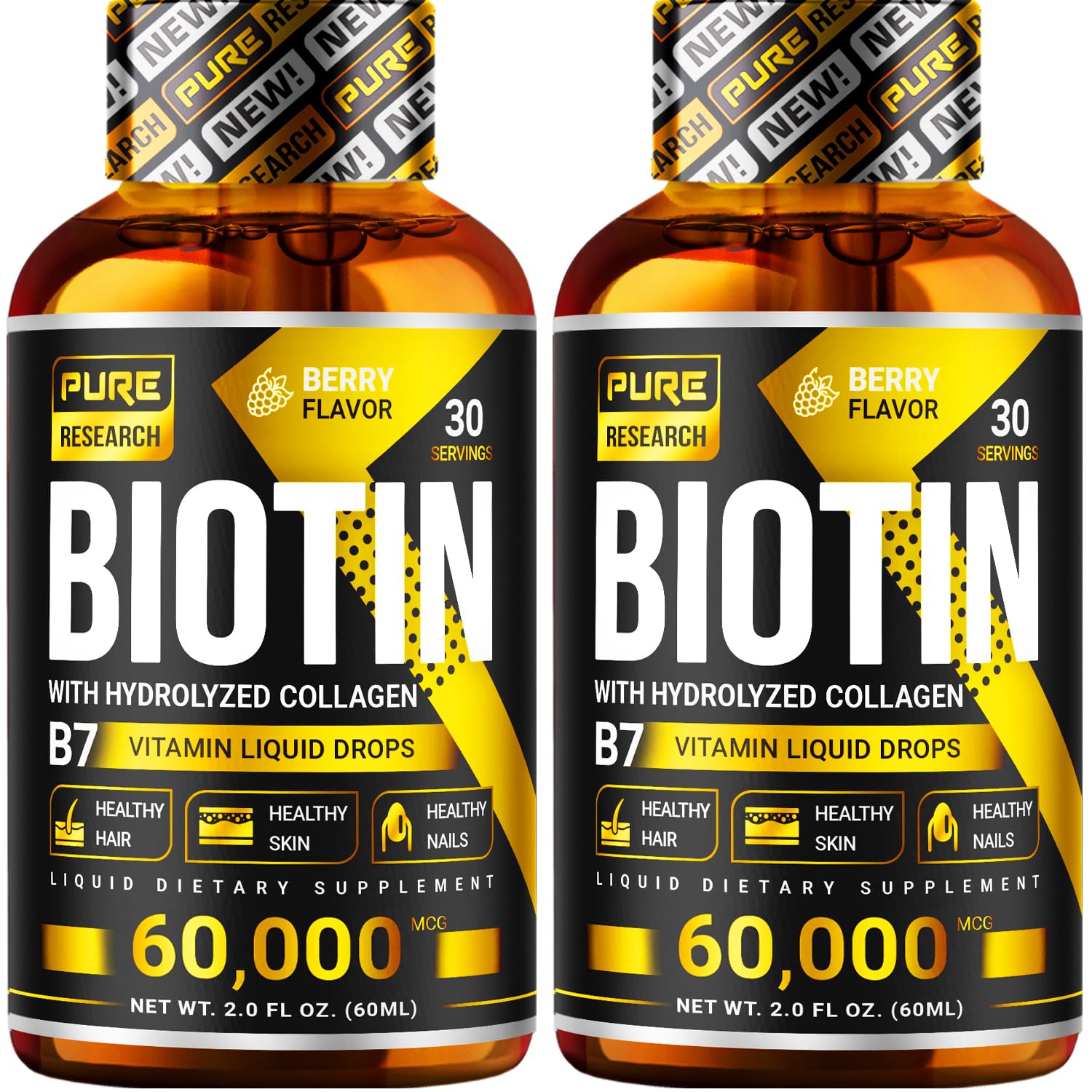 PURE RESEARCH Biotin & Collagen Liquid Drops bottle 60,000 mcg 4 fl oz