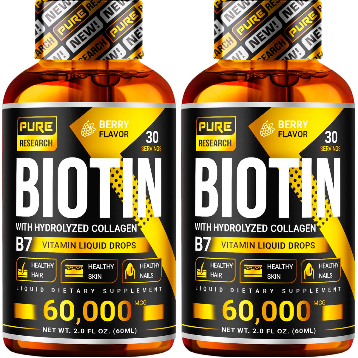 PURE RESEARCH Biotin & Collagen Liquid Drops bottle 60,000 mcg 4 fl oz