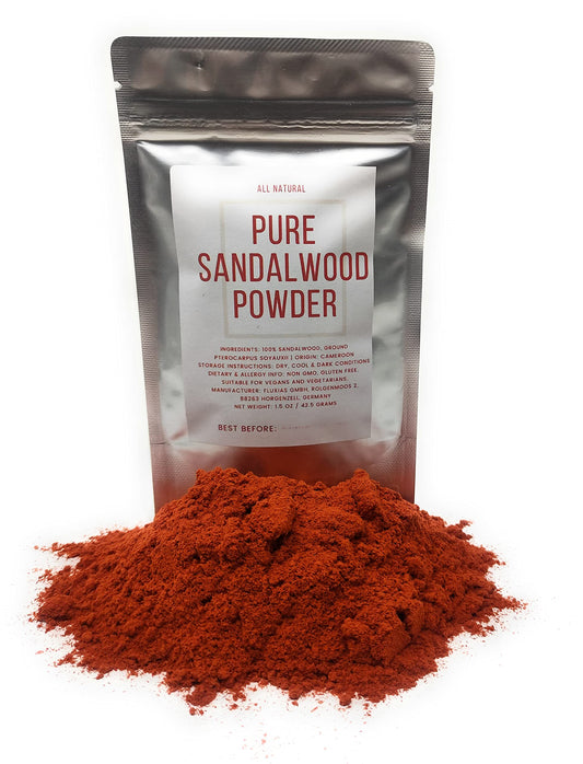 Fine red sandalwood powder in a clear container