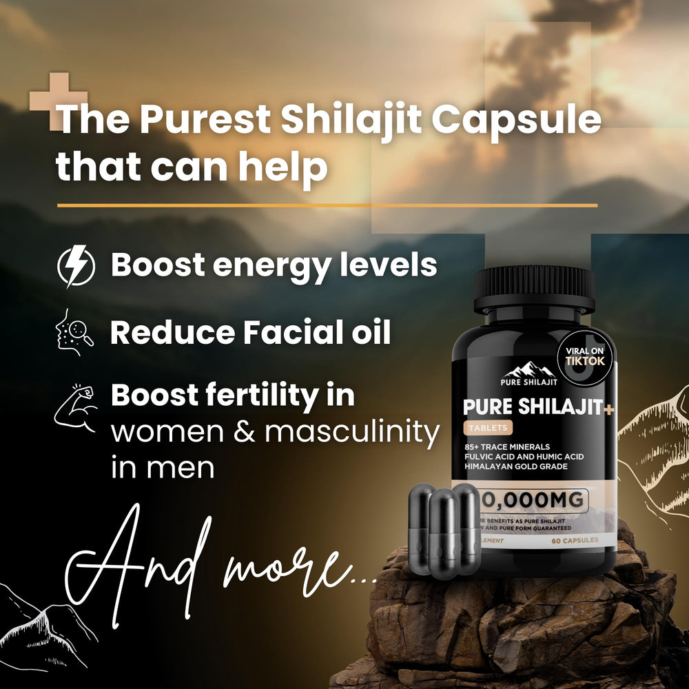 Pure Shilajit capsules bottle label closeup highlights quality and mineral-rich formula