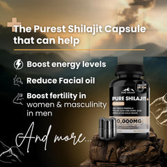 Pure Shilajit capsules bottle label closeup highlights quality and mineral-rich formula