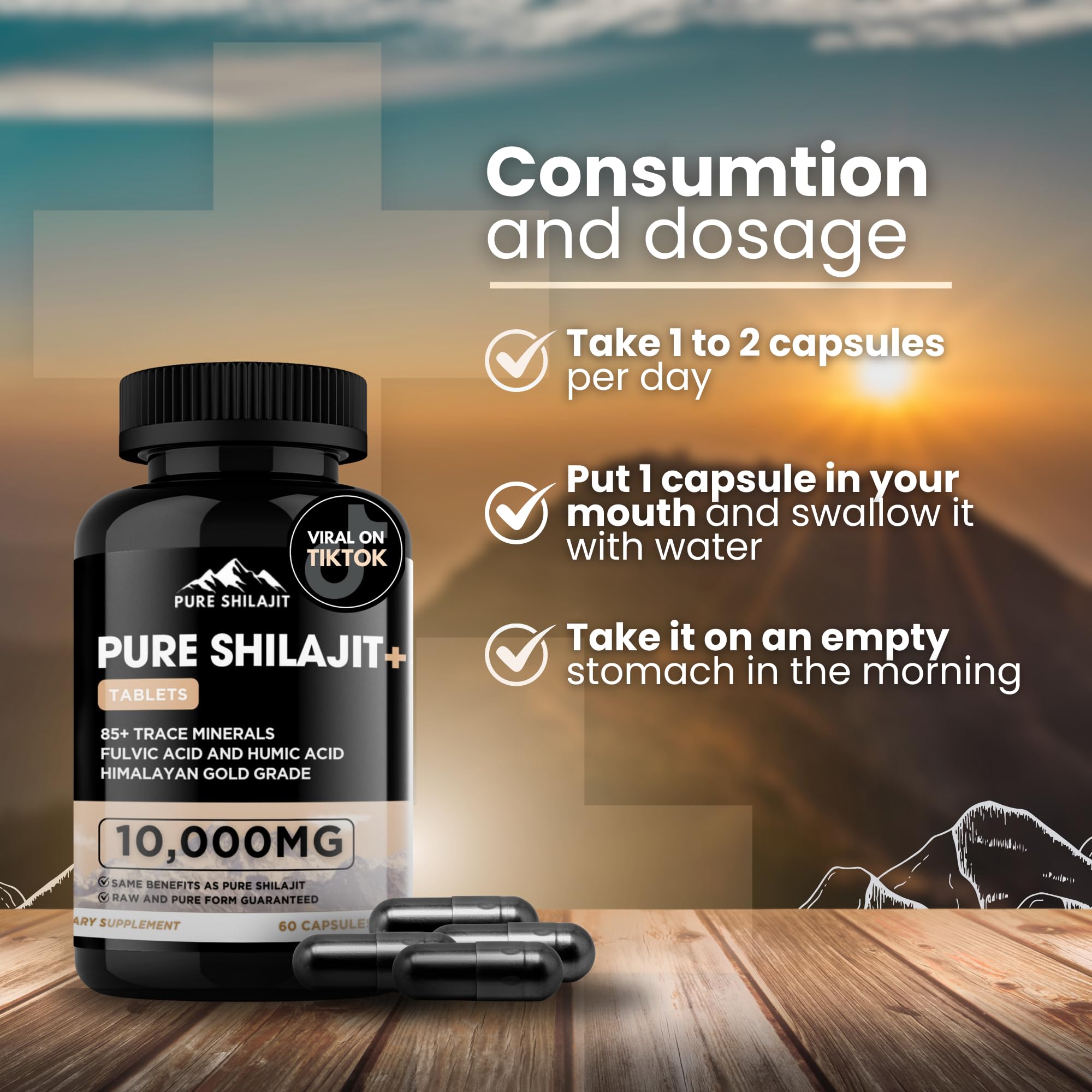 Pure Shilajit capsules Himalayan scene conveys origin from high-altitude resin