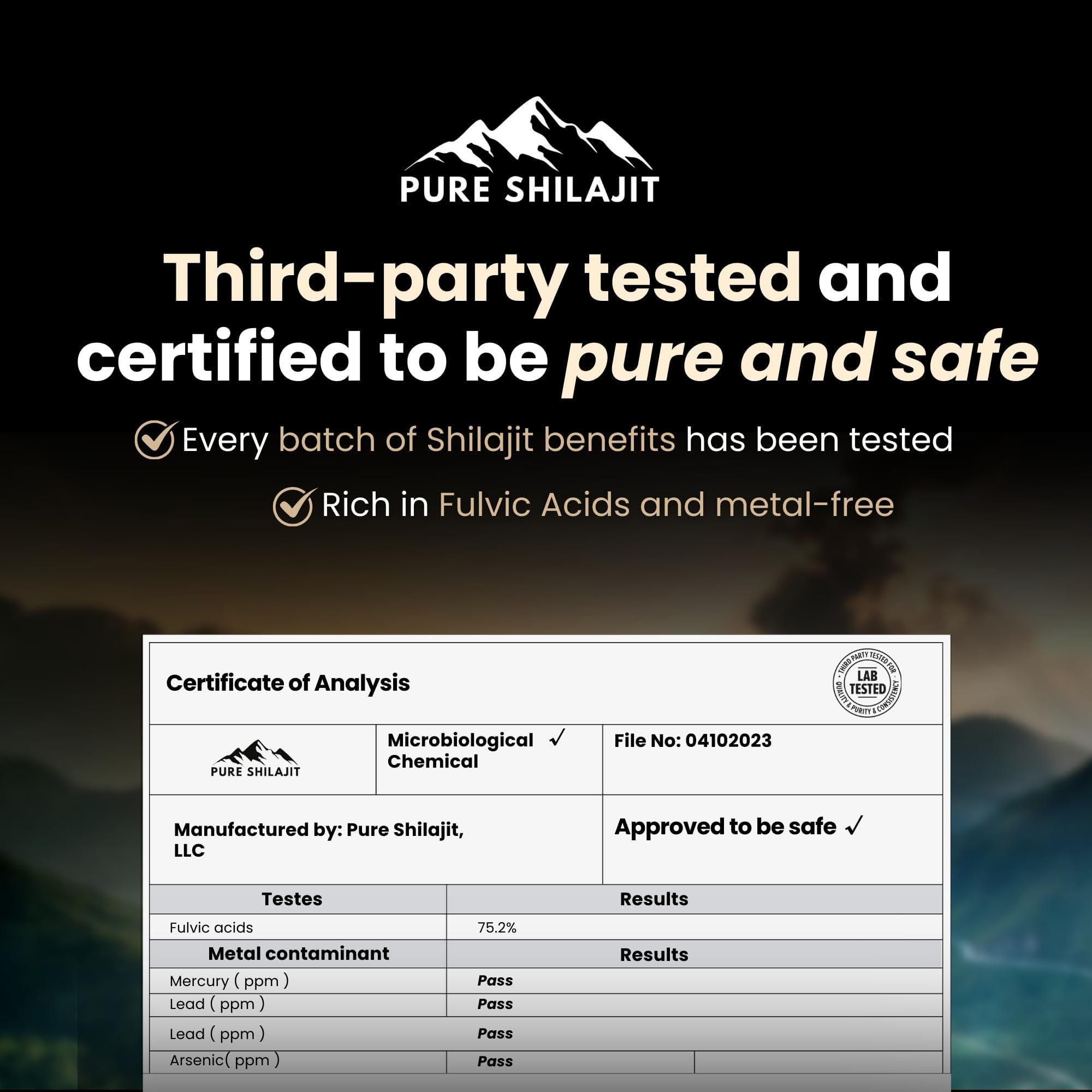 Label highlighting 85+ trace minerals on Shilajit packaging