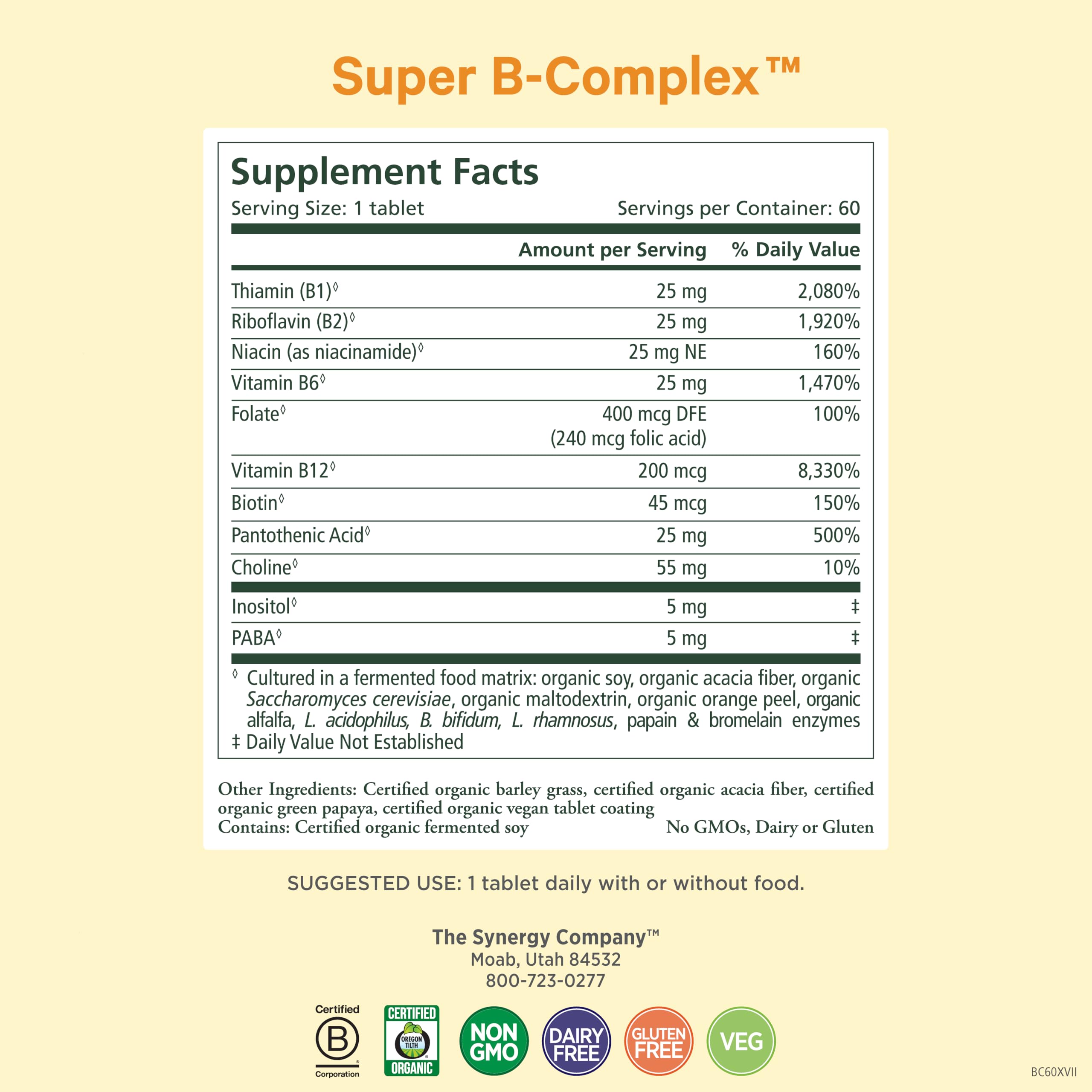Close-up of label highlighting organic vegan vitamin B complex