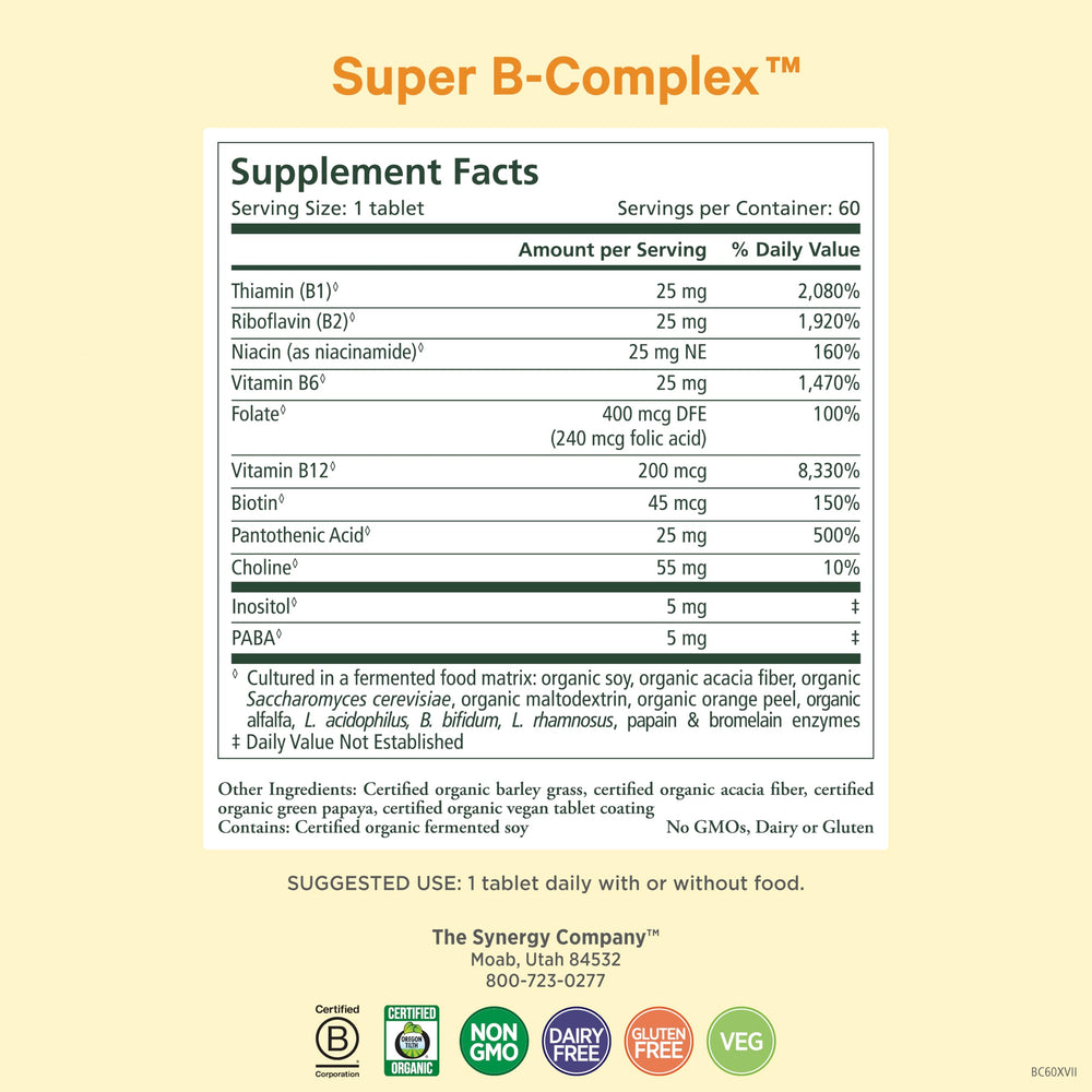 Close-up of label highlighting organic vegan vitamin B complex