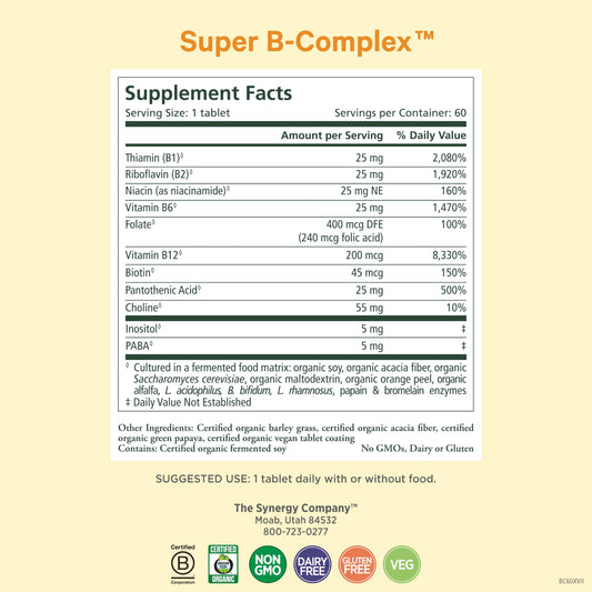 Close-up of label highlighting organic vegan vitamin B complex