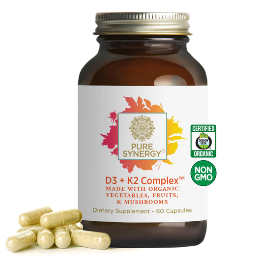 PURE SYNERGY D3 + K2 Complex front label with 60 capsules