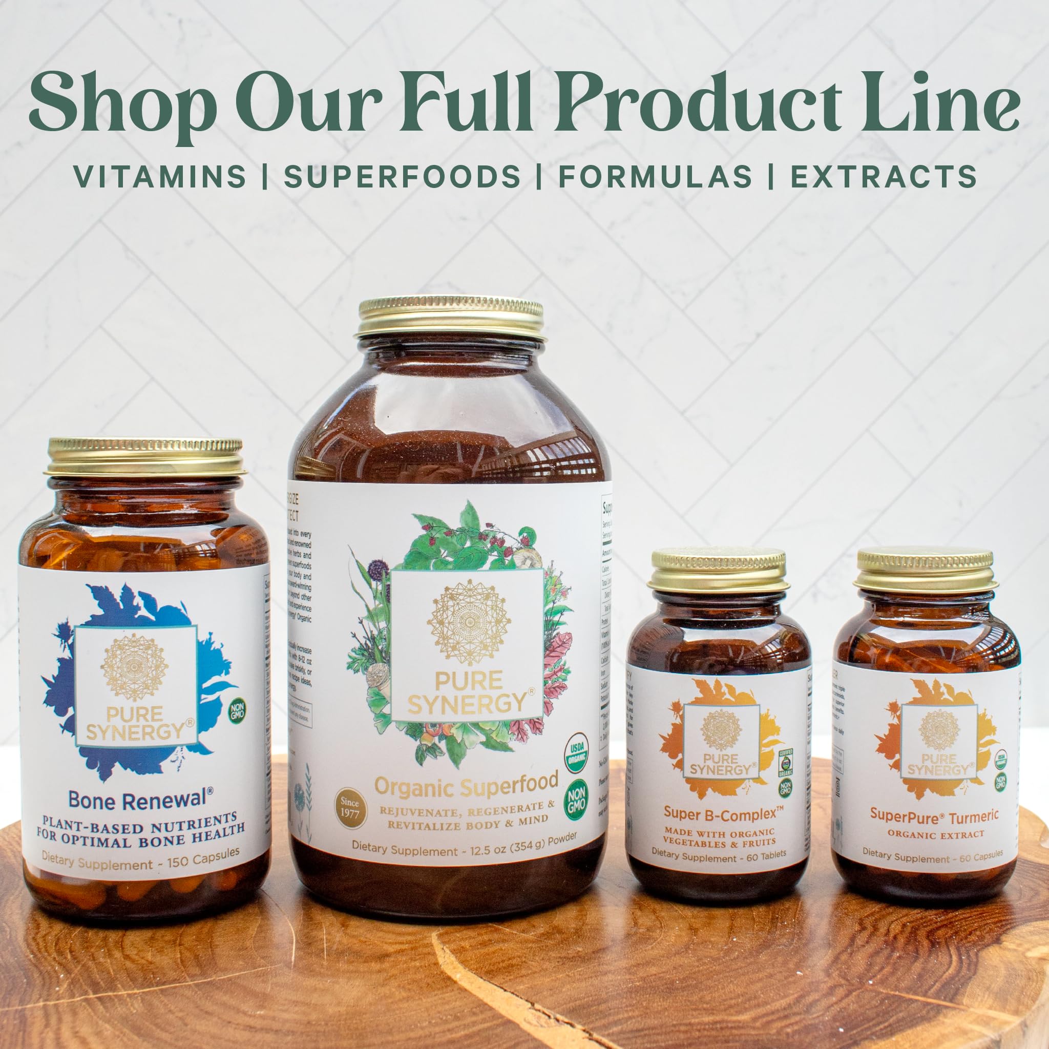 Pure Synergy Enzyme Power packaging emphasizing non-GMO, kosher, gluten-free daily support.