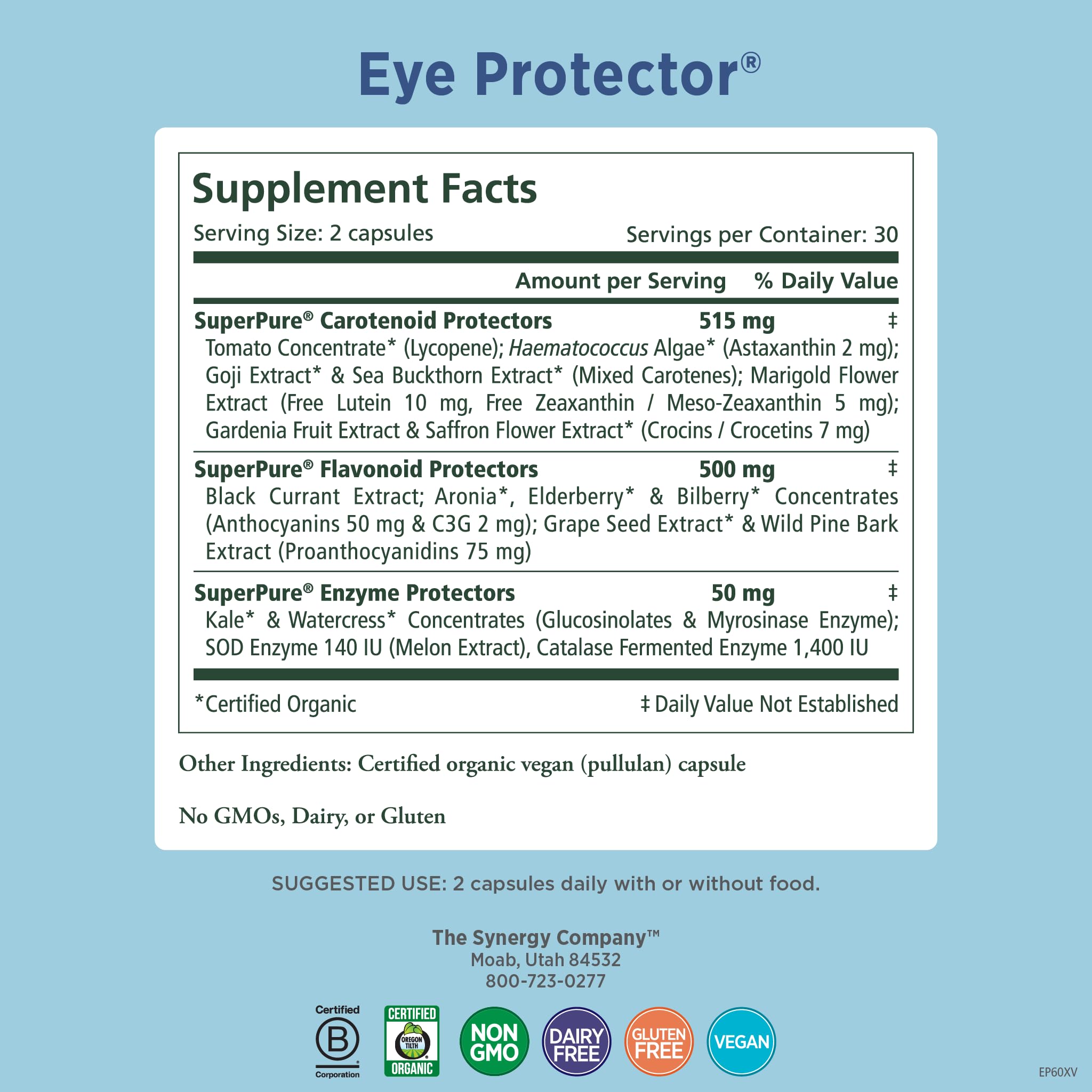 Ingredients list highlighting astaxanthin, lutein, and zeaxanthin