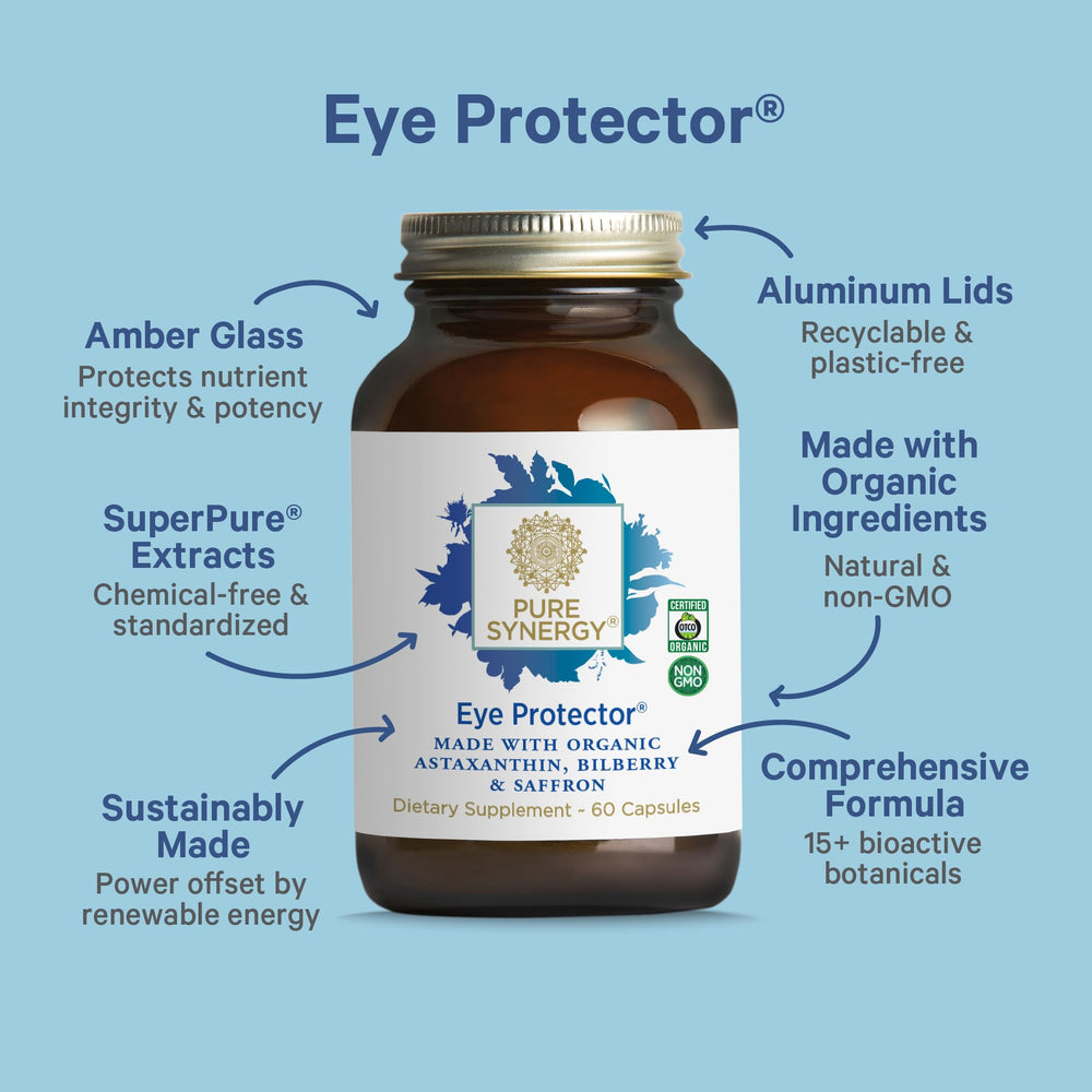 Pure Synergy Eye Protector label closeup highlights clean ingredients.
