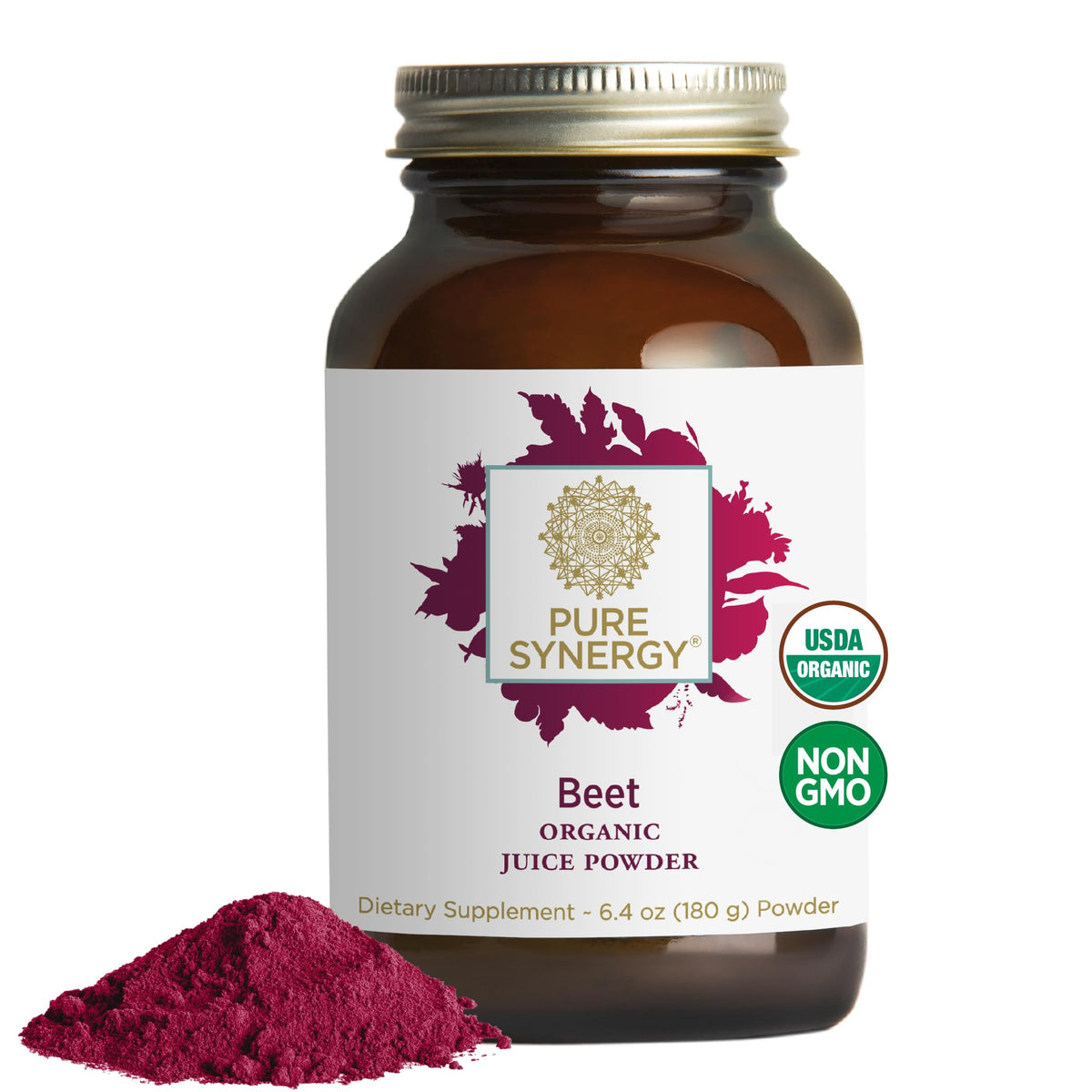 Bottle of PURE SYNERGY Organic Beet Juice Powder 6.4 oz