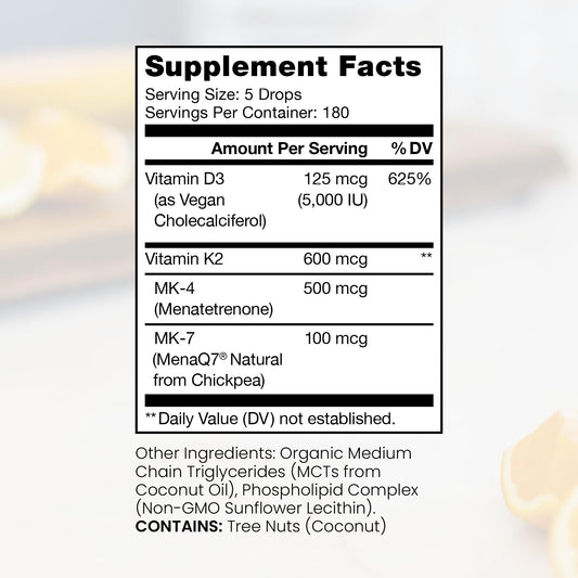 Close-up of liposomal D3 + K2 bottle label showing 5,000 IU