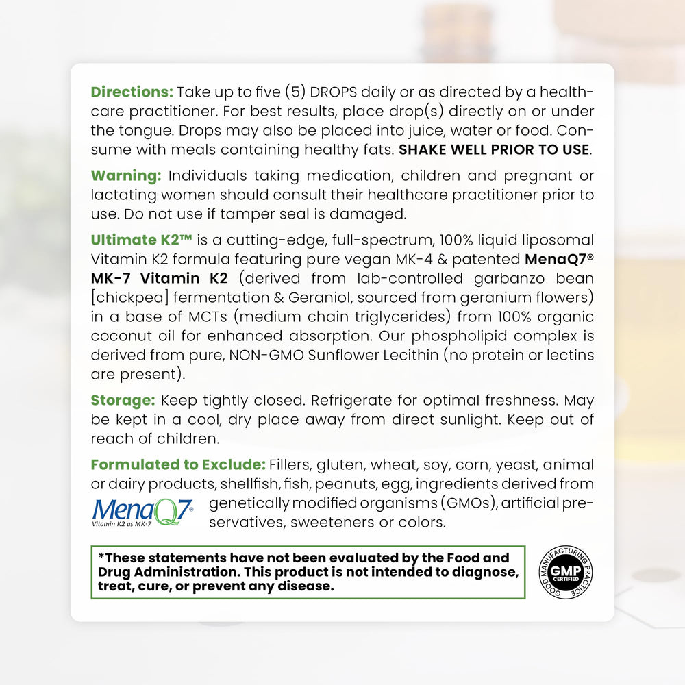 Label close-up of Pure TheraPro Rx Ultimate K2 liposomal drops 600mcg