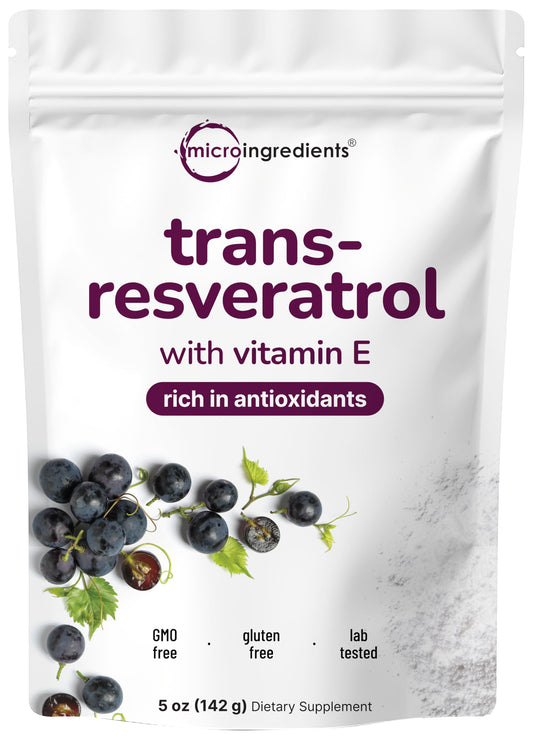 Bottle label of Pure Trans-Resveratrol Powder with Vitamin E, 5 oz