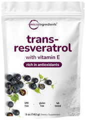 Bottle label of Pure Trans-Resveratrol Powder with Vitamin E, 5 oz