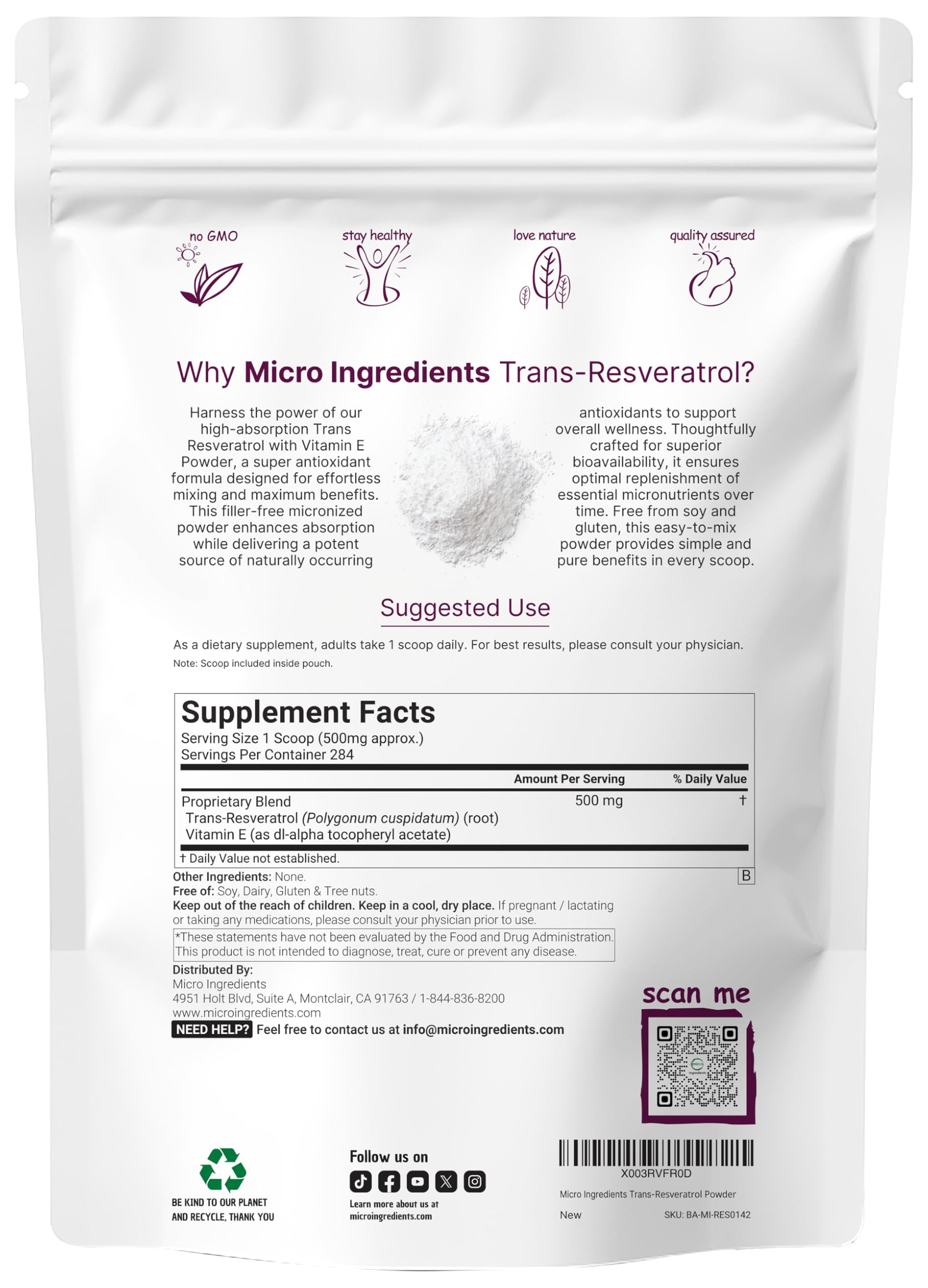 Close-up of ingredients and packaging for resveratrol powder with Vitamin E