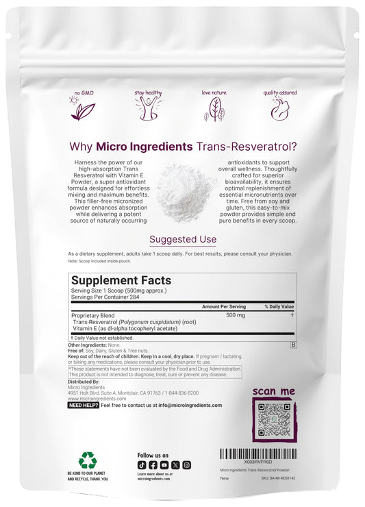Close-up of ingredients and packaging for resveratrol powder with Vitamin E